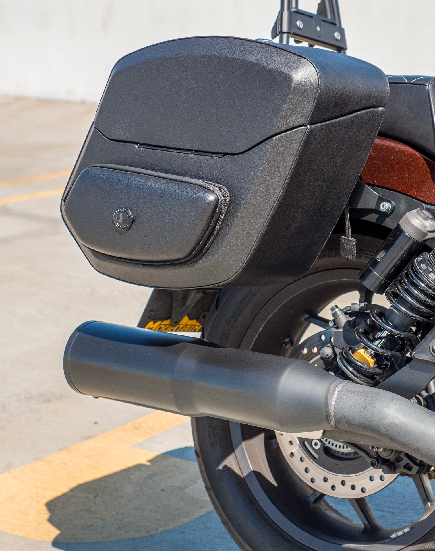 24L - Ironclad Quick-Mount Medium Honda Rebel 1100 Leather Wrapped Hard Saddlebags Life Style 3