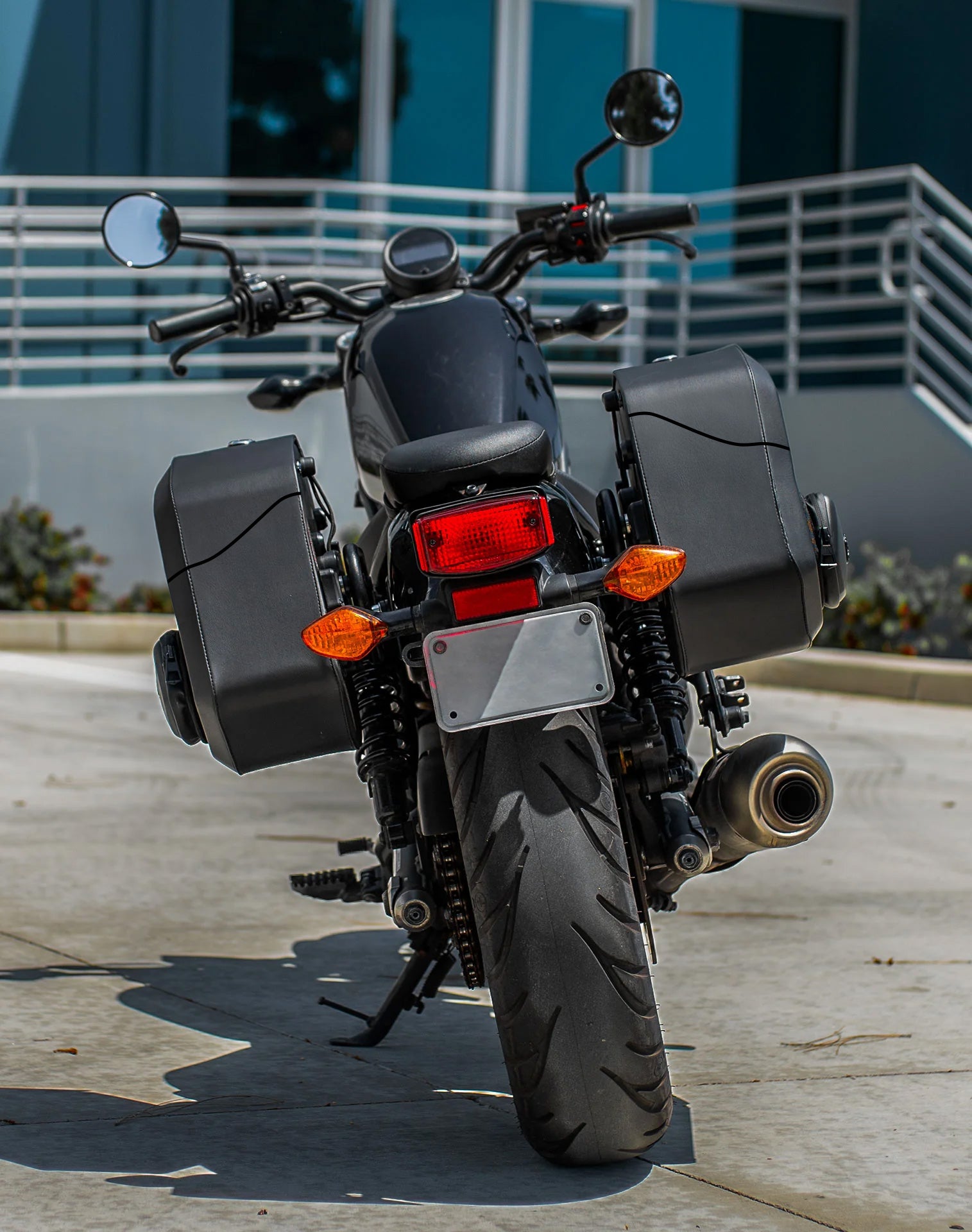 24L - Ironclad Quick-Mount Medium Honda Rebel 300 Leather Wrapped Hard Saddlebags Life Style 1