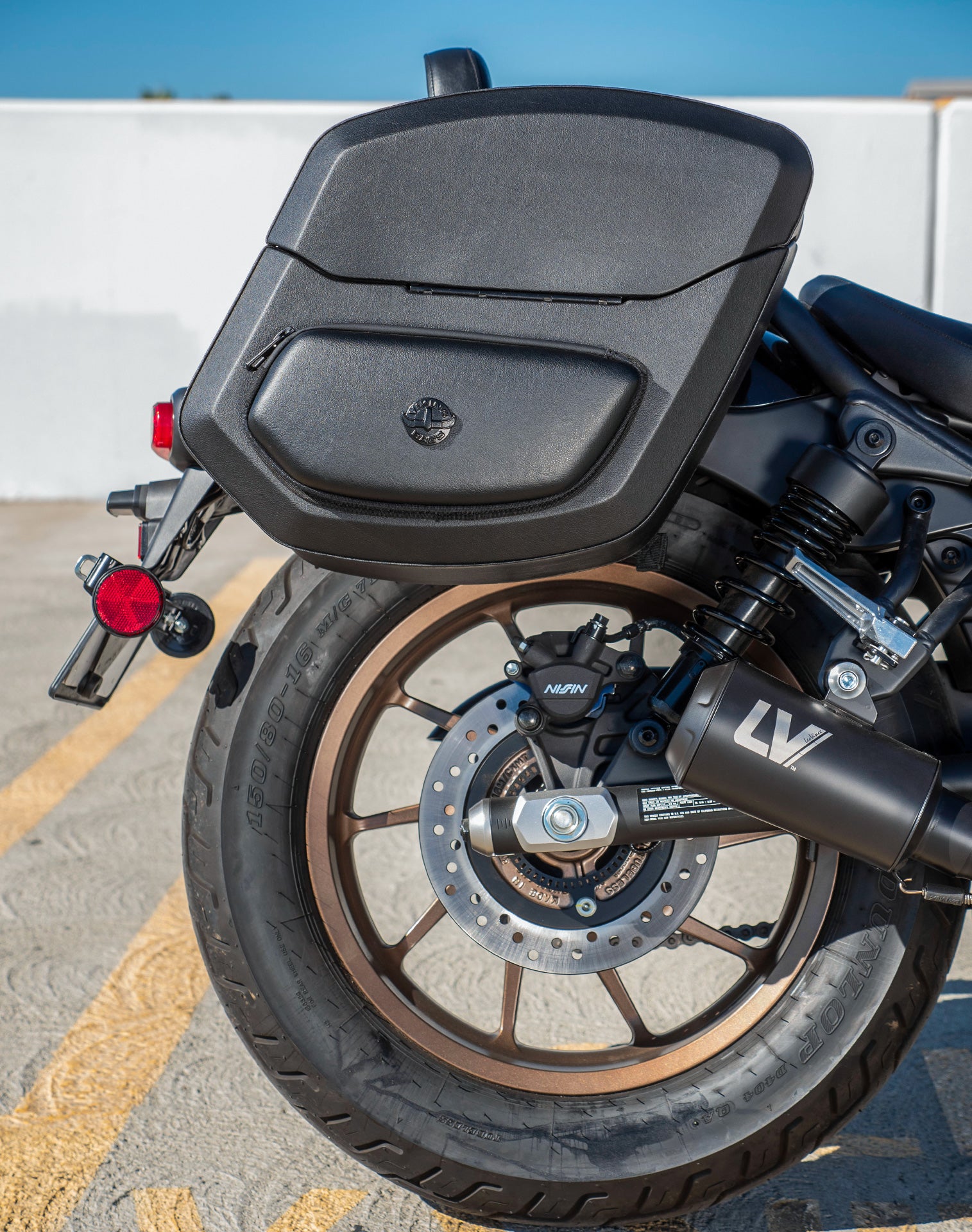 24L - Ironclad Quick-Mount Medium Honda Rebel 500 Leather Wrapped Hard Saddlebags Life Style 2