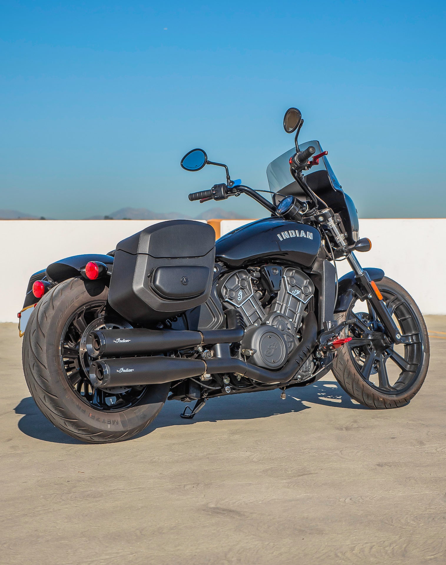 24L - Ironclad Quick-Mount Medium Indian Scout Rogue Leather Wrapped Hard Saddlebags Life Style 1