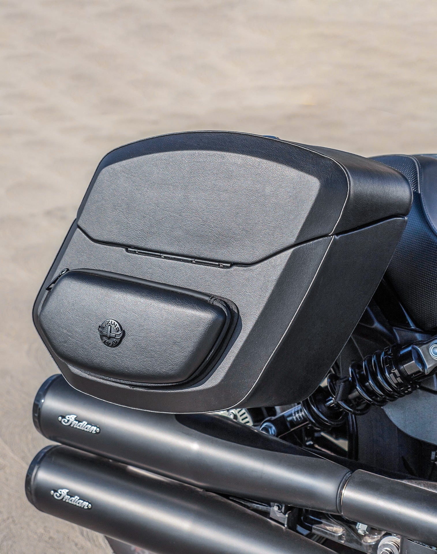 24L - Ironclad Quick-Mount Medium Indian Scout Rogue Leather Wrapped Hard Saddlebags Vertical Lifestyle