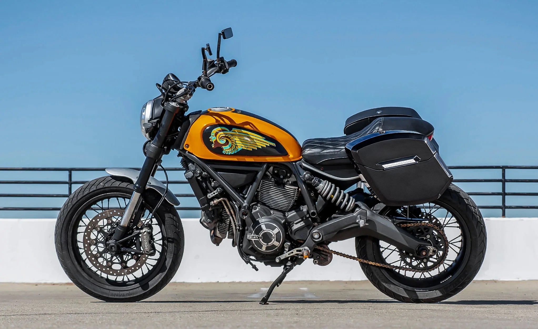 30L - Outlaw Quick-Mount Medium Ducati Scrambler (2014-17) Hard Saddlebags Lifestyle @expand