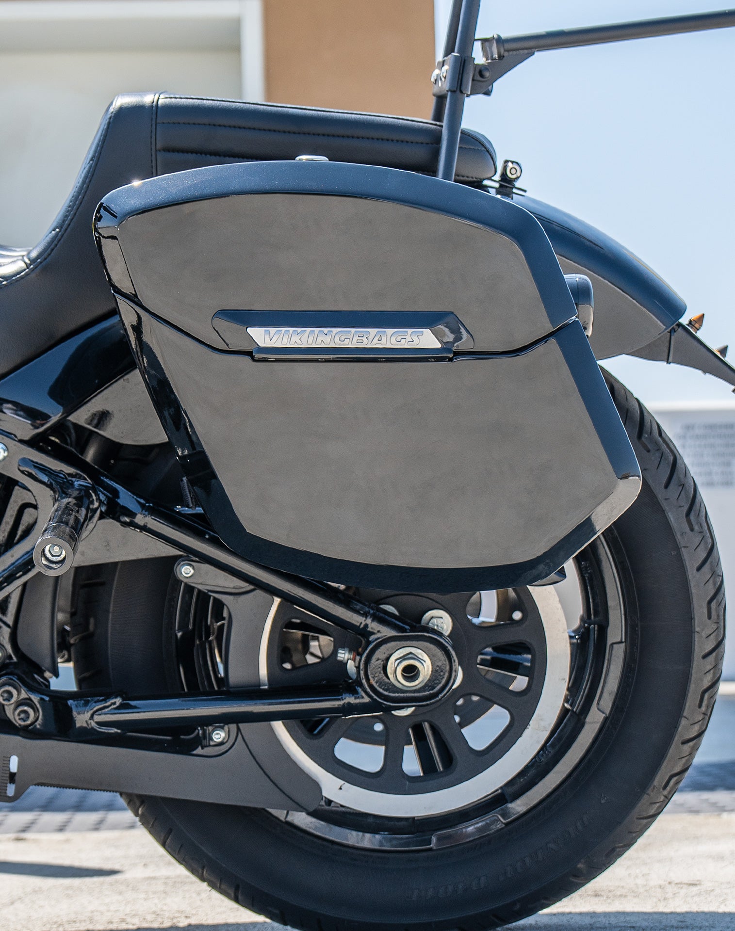 24L - Ironclad Quick-Mount Medium Harley Softail Street Bob Painted Hard Saddlebags Life style 2