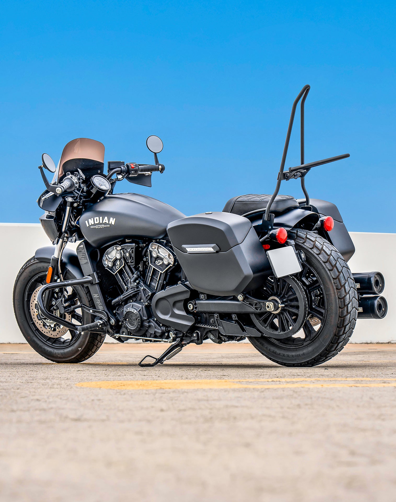 24L - Ironclad Quick-Mount Medium Indian Scout Bobber Matte Hard Saddlebags Vertical Lifestyle