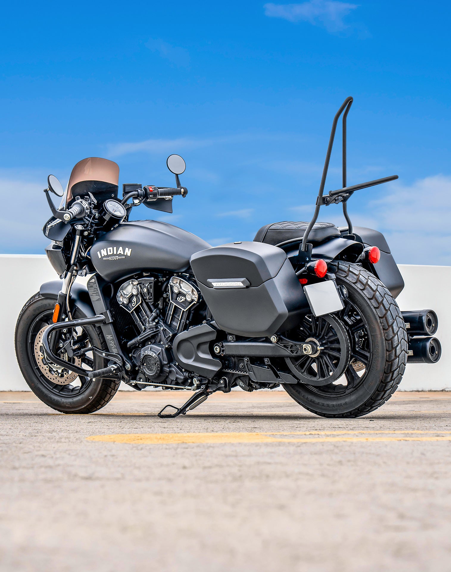 24L - Ironclad Quick-Mount Medium Indian Scout Bobber Matte Hard Saddlebags Lifestyle