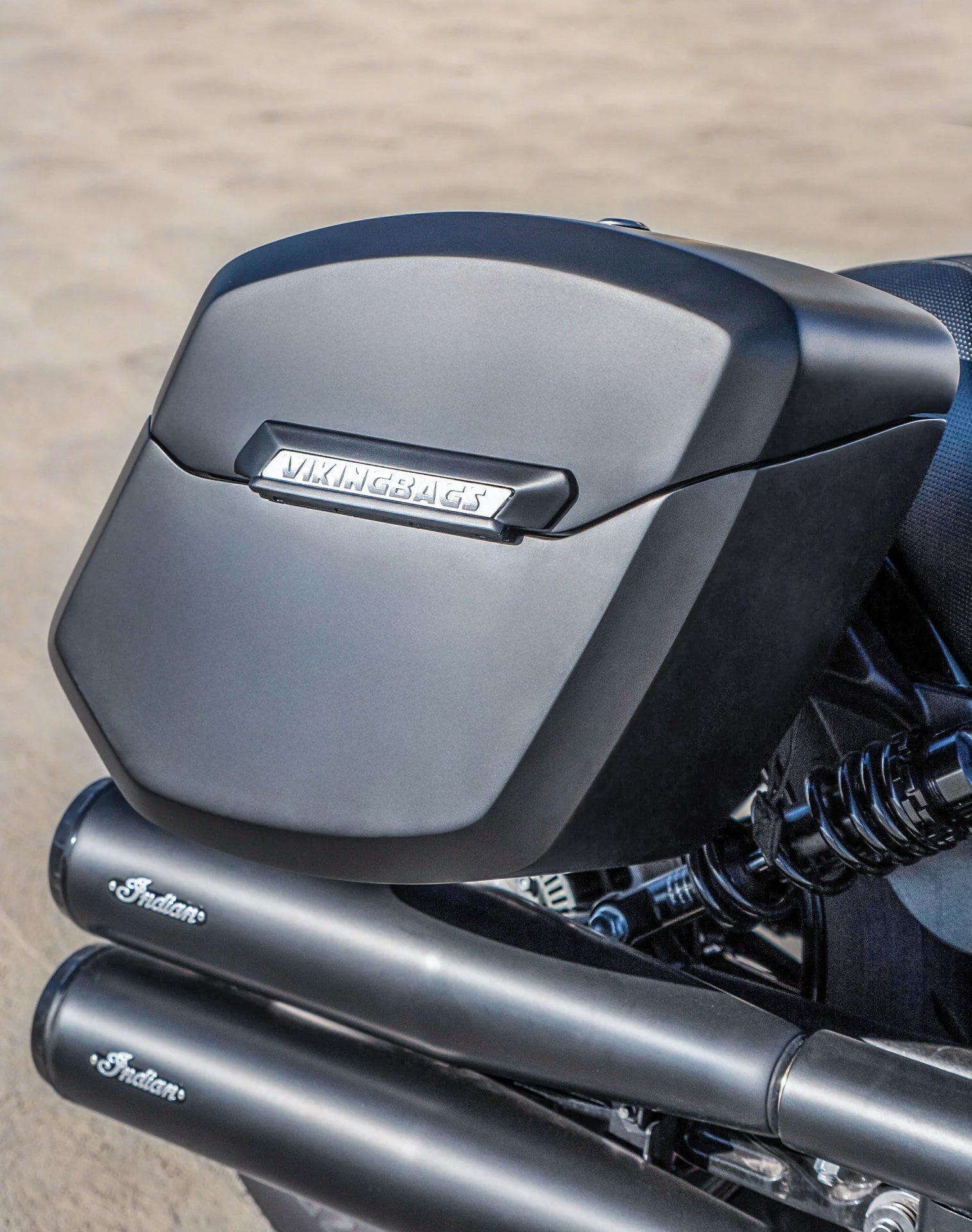24L - Ironclad Quick-Mount Medium Indian Scout Bobber Sixty Matte Hard Saddlebags Vertical Lifestyle