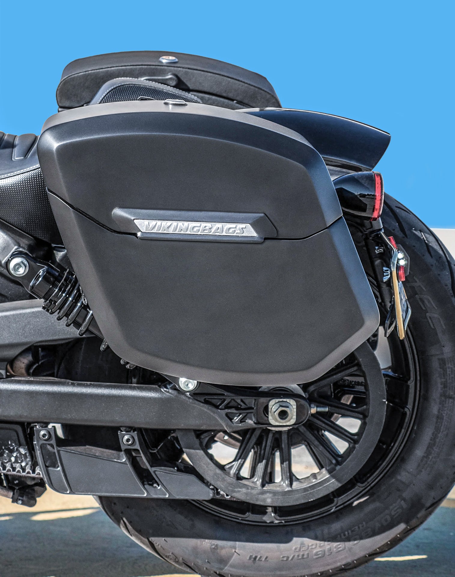 24L - Ironclad Quick-Mount Medium Indian Scout Rogue Matte Hard Saddlebags Vertical Lifestyle