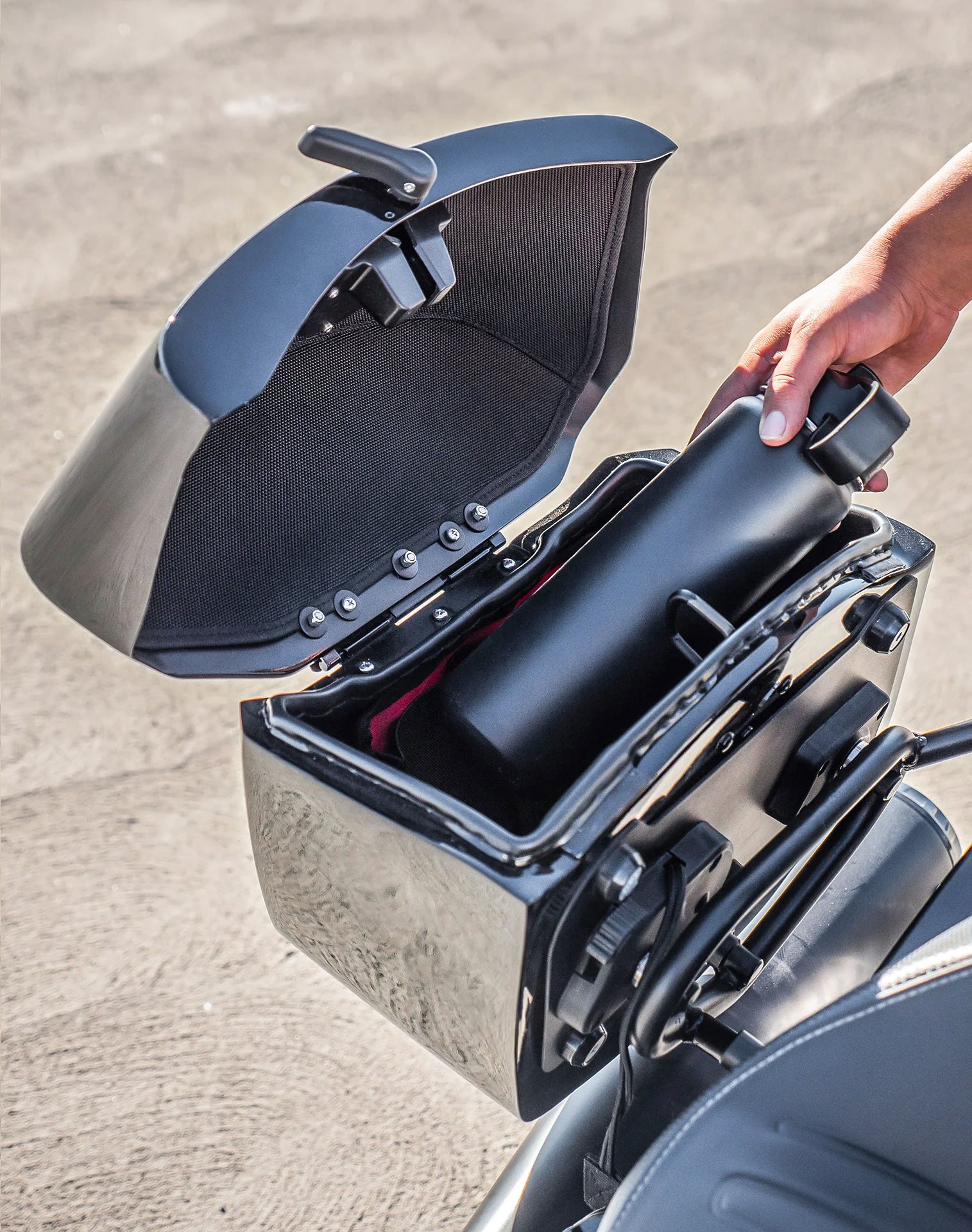 24L - Ironclad Quick-Mount Medium Indian Scout Rogue Sixty Painted Hard Saddlebags Vertical Lifestyle