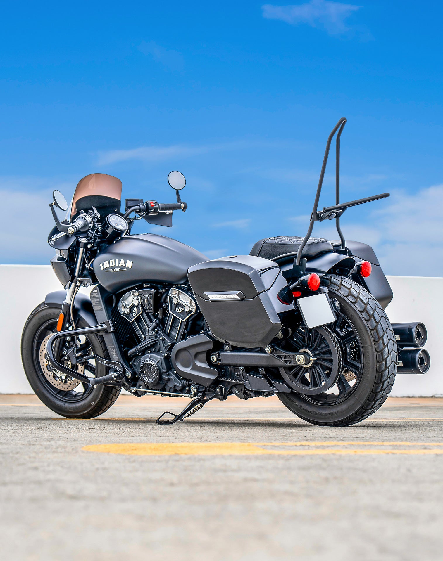 24L - Ironclad Quick-Mount Medium Indian Scout Rogue Sixty Painted Hard Saddlebags Lifestyle