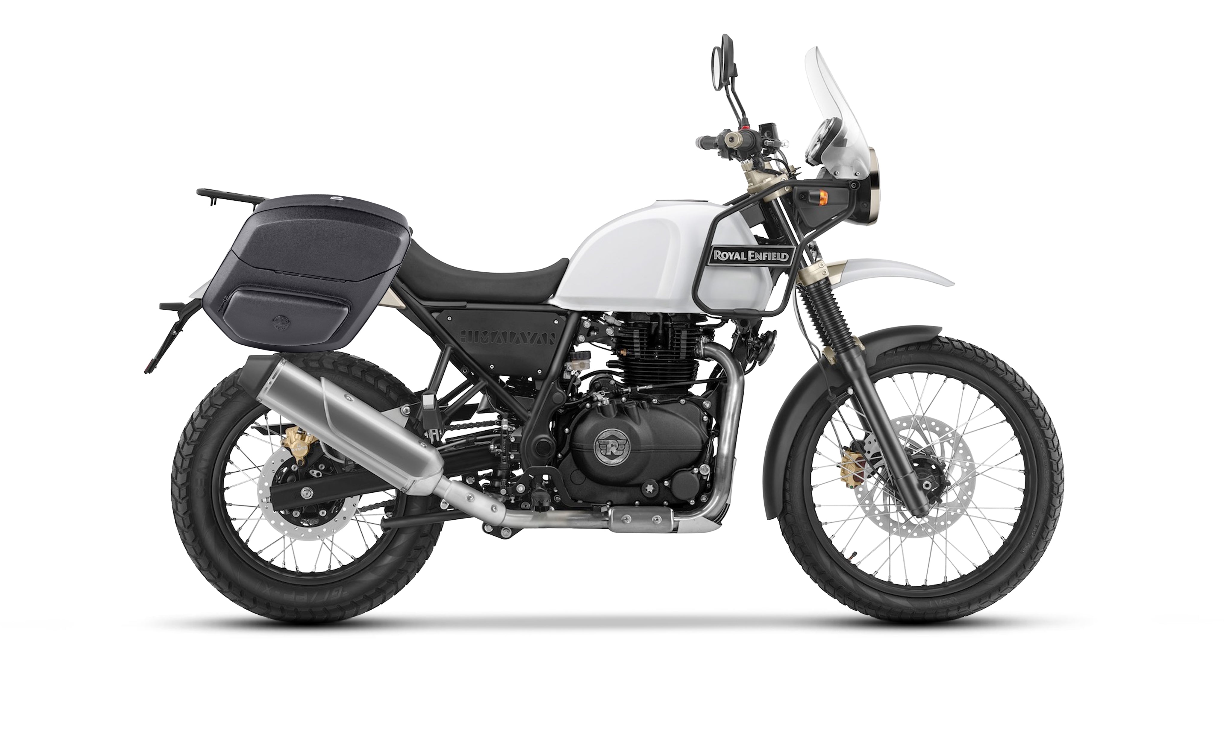 24L - Ironclad Quick-Mount Medium Royal Enfield Himalayan 410 Leather Wrapped Hard Saddlebags Bag on Bike @expand