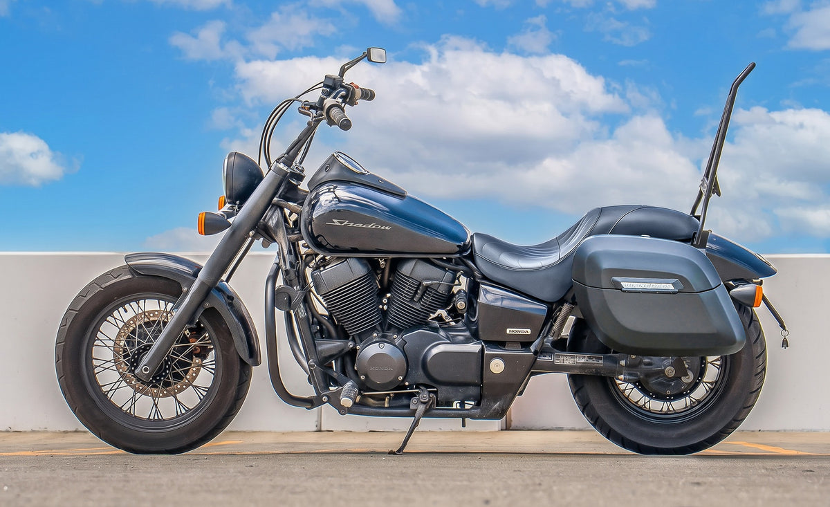 34L - Lamellar Raven Extra Large Honda Shadow 750 Phantom Shock Cutout Matte Motorcycle Hard Saddlebags Lifestyle @expand