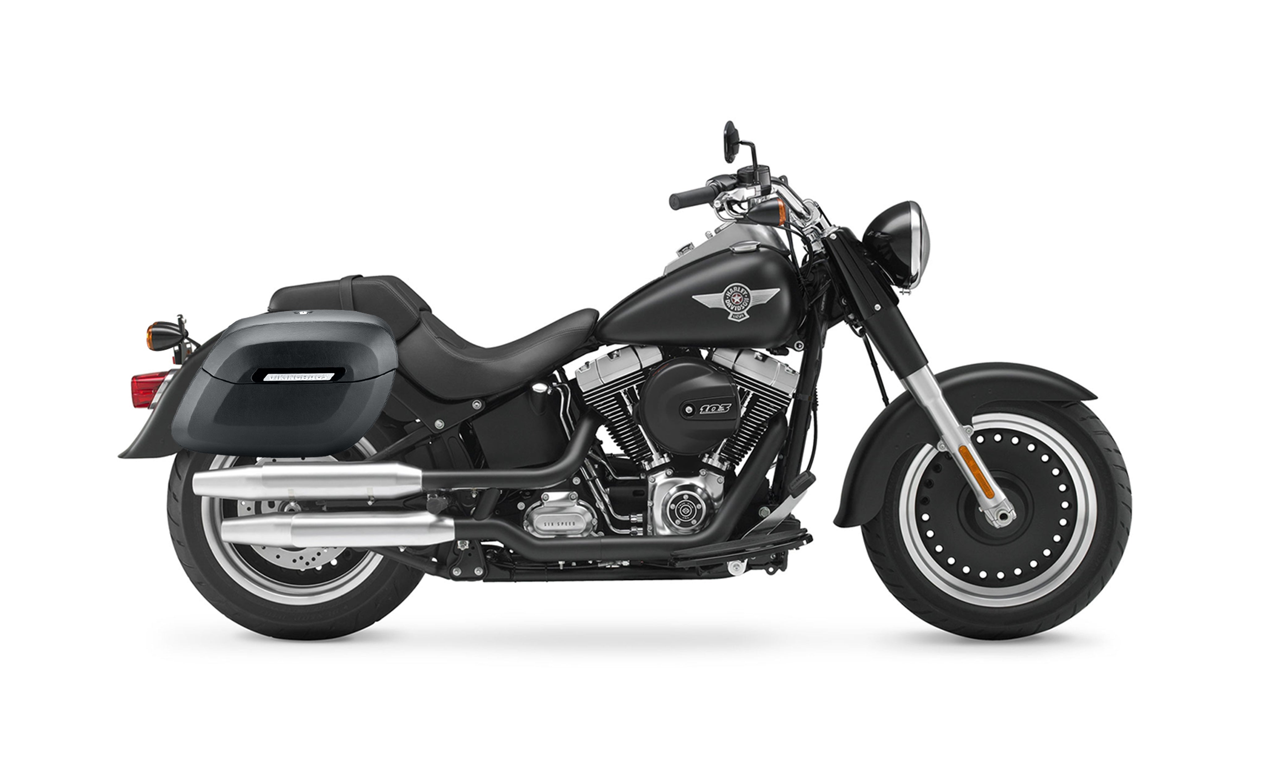 40L - Lamellar Raven Extra Large Leather Covered Motorcycle Hard Saddlebags for Harley Softail Fat Boy Lo FLSTFB Bag on Bike @expand