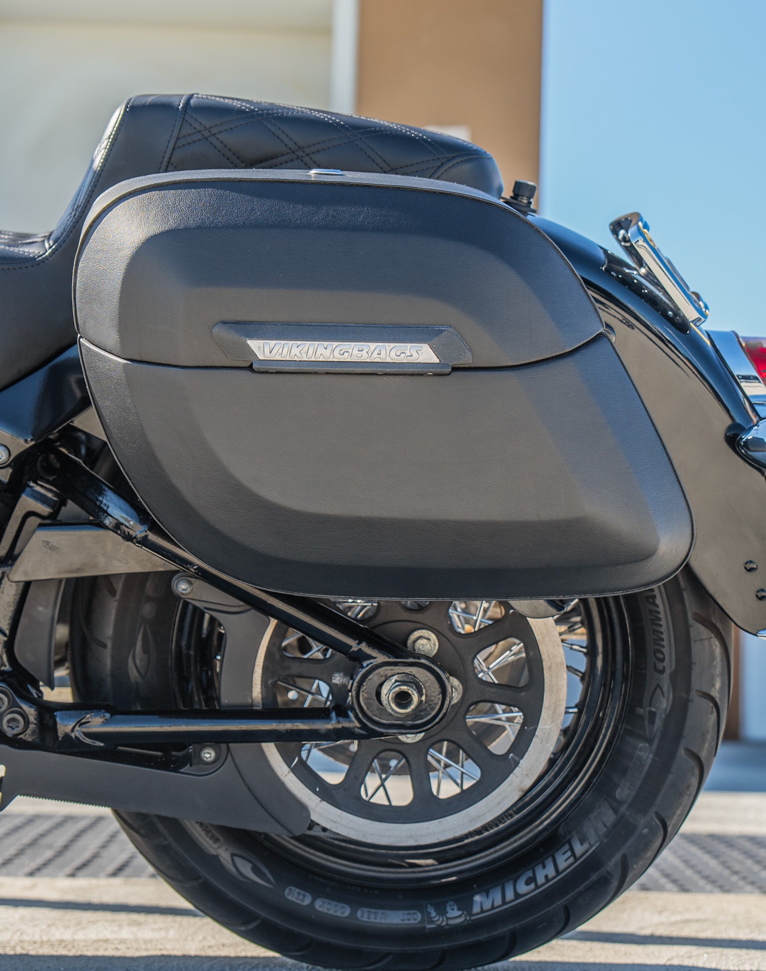 40L - Lamellar Raven Extra Large Leather Covered Motorcycle Hard Saddlebags for Harley Softail Heritage FLHC/S Lifestyle