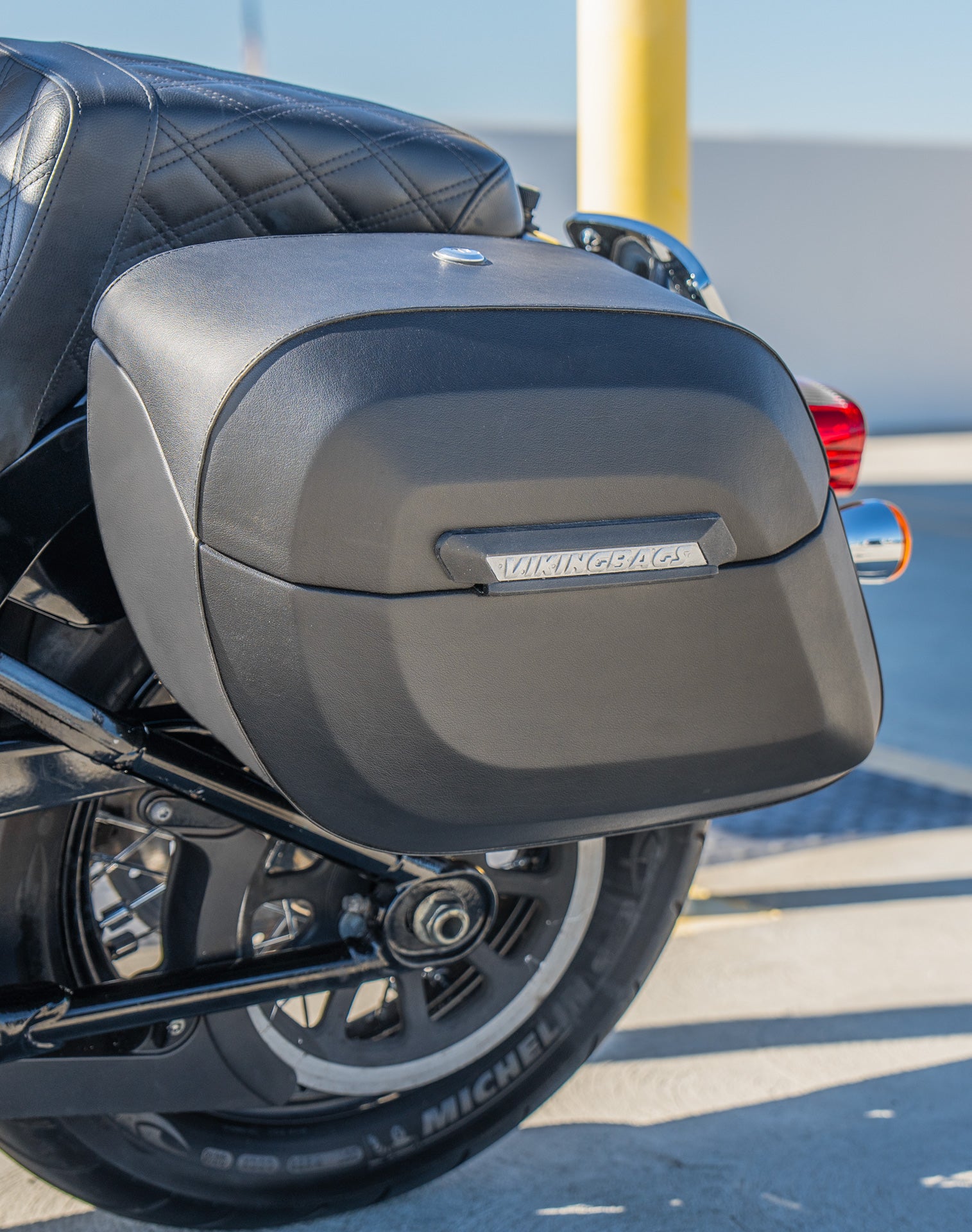 40L - Lamellar Raven Extra Large Leather Covered Motorcycle Hard Saddlebags for Harley Softail Heritage FLHC/S Lifestyle