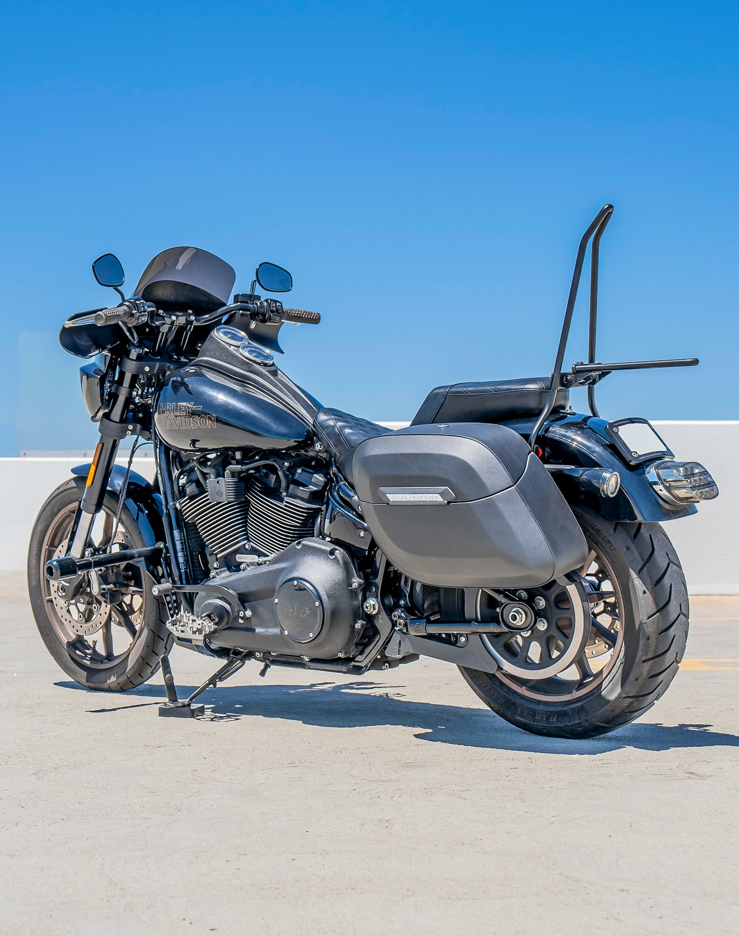 40L - Lamellar Raven Extra Large Leather Covered Motorcycle Hard Saddlebags for Harley Softail Low Rider S FXLRS Lifestyle