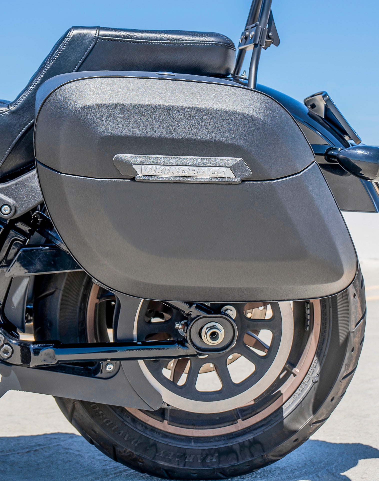 40L - Lamellar Raven Extra Large Leather Covered Motorcycle Hard Saddlebags for Harley Softail Low Rider S FXLRS Lifestyle