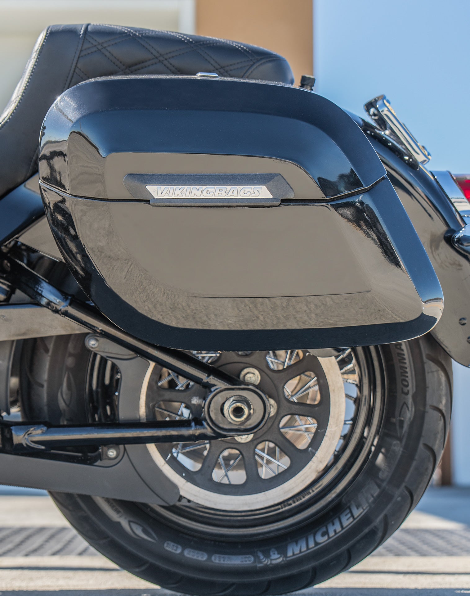 40L - Lamellar Raven Extra Large Painted Motorcycle Hard Saddlebags for Harley Softail Heritage FLHC/S Lifestyle