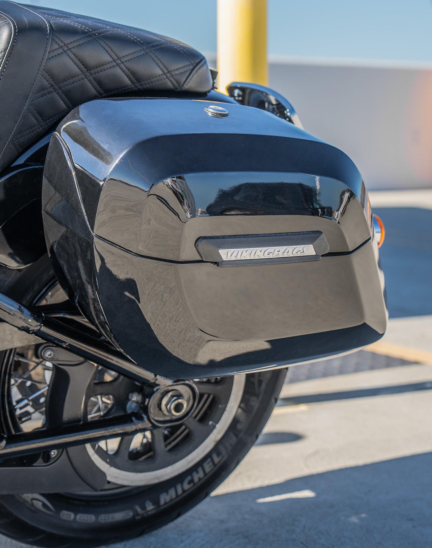 40L - Lamellar Raven Extra Large Painted Motorcycle Hard Saddlebags for Harley Softail Heritage FLHC/S Lifestyle