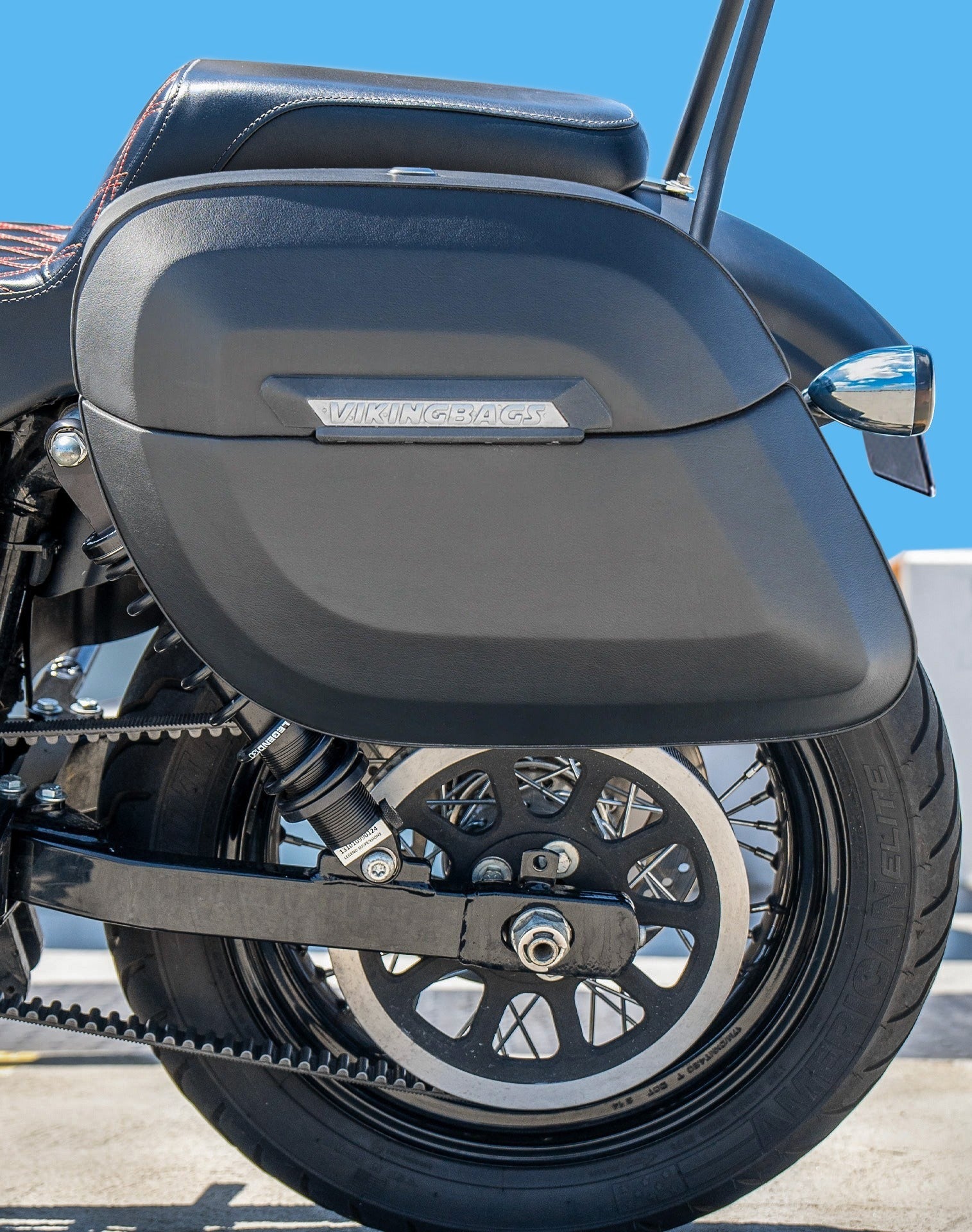 36L - Lamellar Raven Extra Large Shock Cut-out Leather Covered Hard Saddlebags for Harley Dyna Street Bob FXDB/I Lifestyle