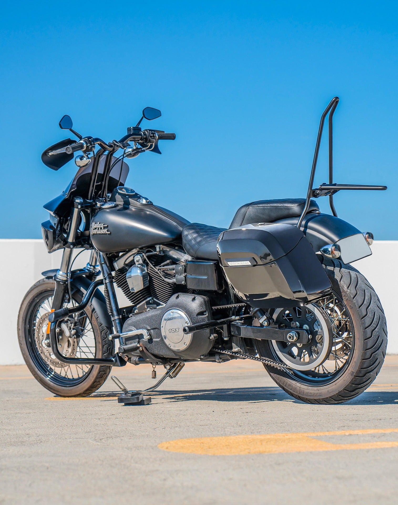 36L - Lamellar Raven Extra Large Shock Cut-out Painted Hard Saddlebags for Harley Dyna Street Bob FXDB/I Lifestyle