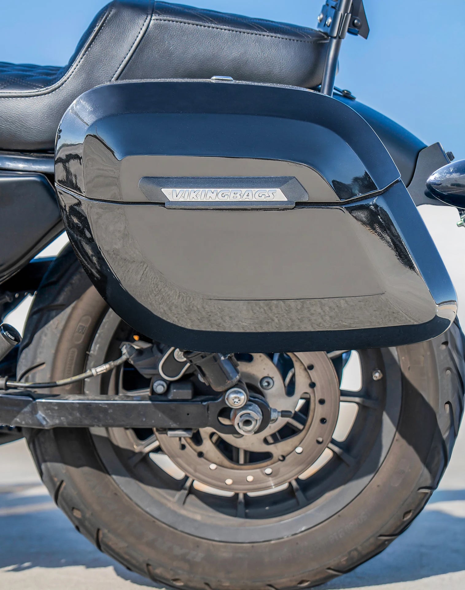 36L - Lamellar Raven Extra Large Shock Cut-out Painted Hard Saddlebags for Harley Sportster 883 Iron XL883N Lifestyle