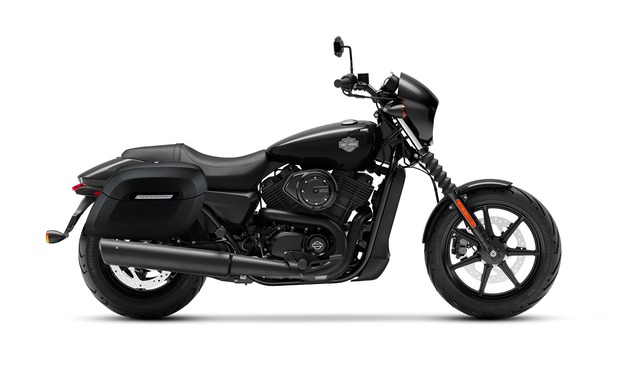 34L - Lamellar Raven Extra Large Shock Cutout Matte Motorcycle Hard Saddlebags for Harley Street 500 @expand
