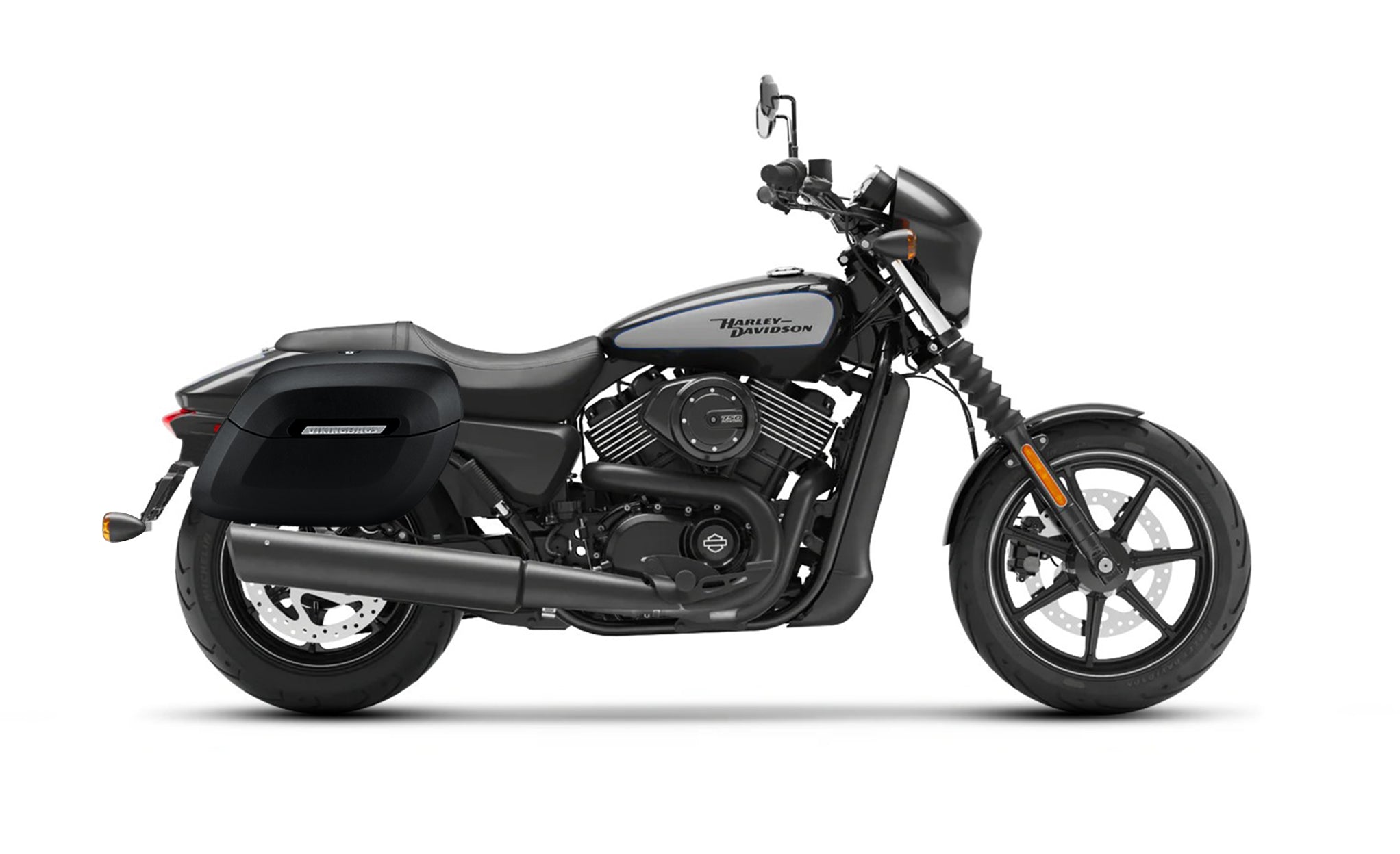 34L - Lamellar Raven Extra Large Shock Cutout Matte Motorcycle Hard Saddlebags for Harley Street 750 @expand
