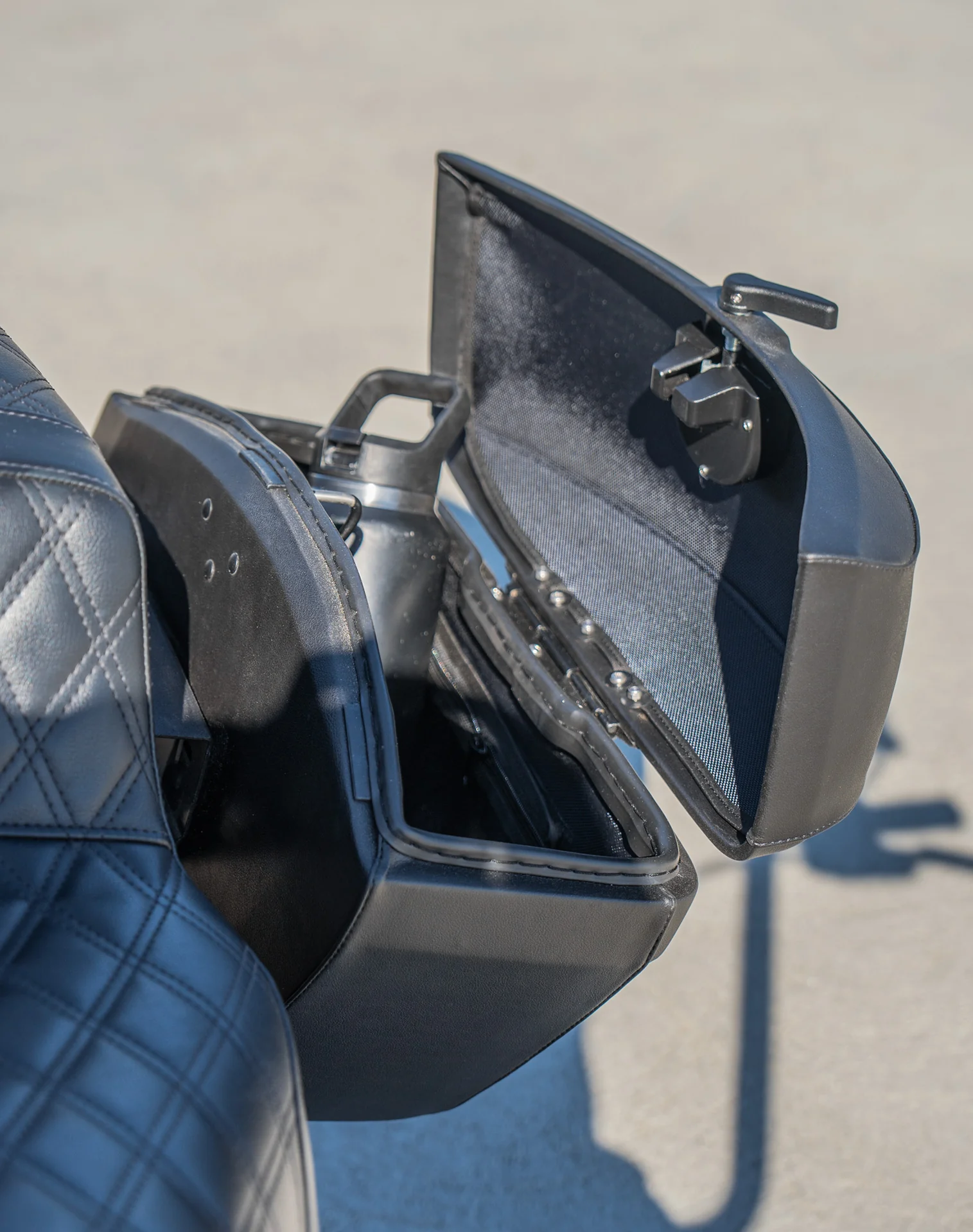 44L - Lamellar Stallion Extra Large Leather Covered Motorcycle Hard Saddlebags for Harley Softail Street Bob FXBB/S Vertical Lifestyle 