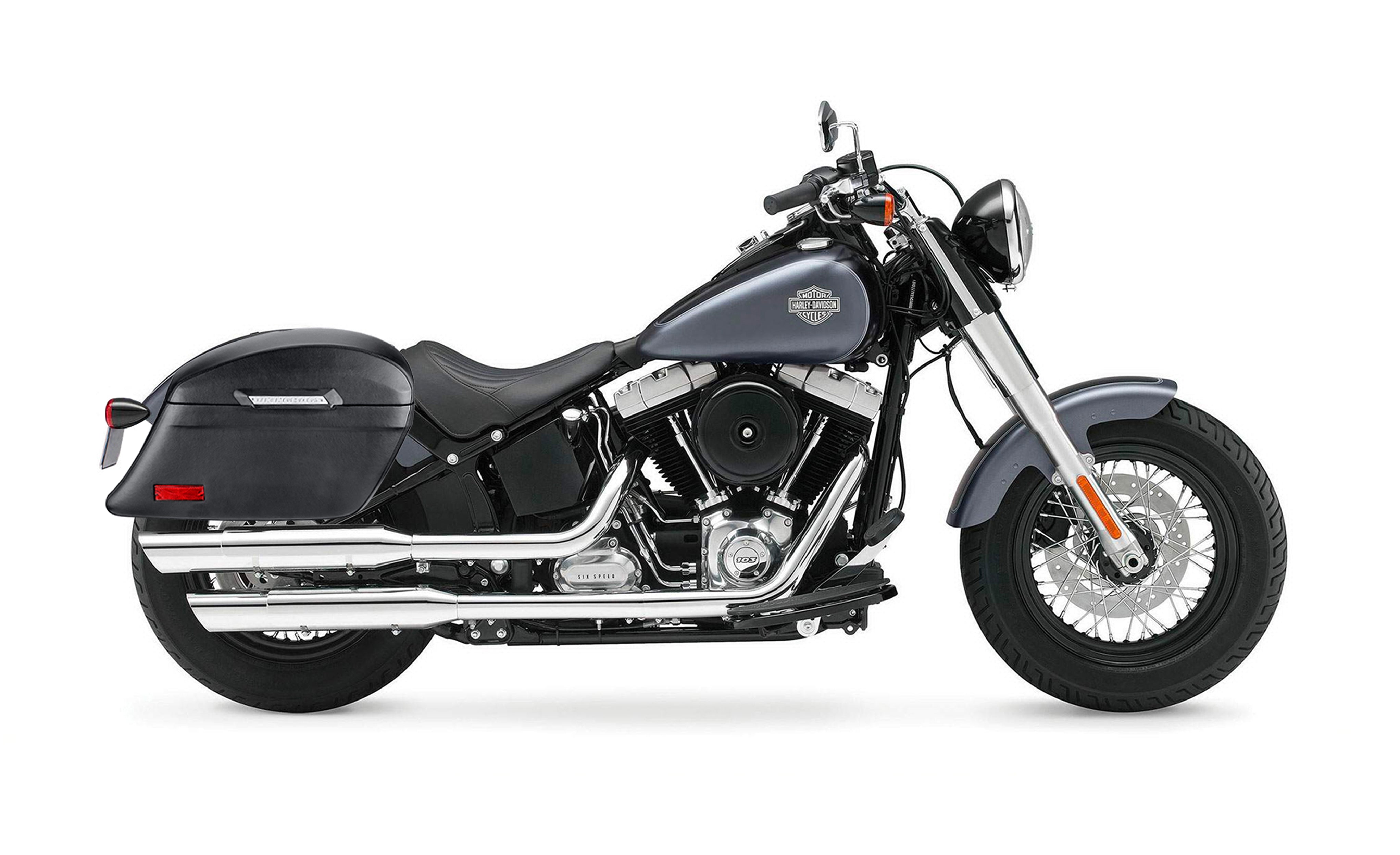 44L - Lamellar Stallion XL Leather Covered Motorcycle Hard Saddlebags for Harley Softail Slim FLS Bag on Bike @expand