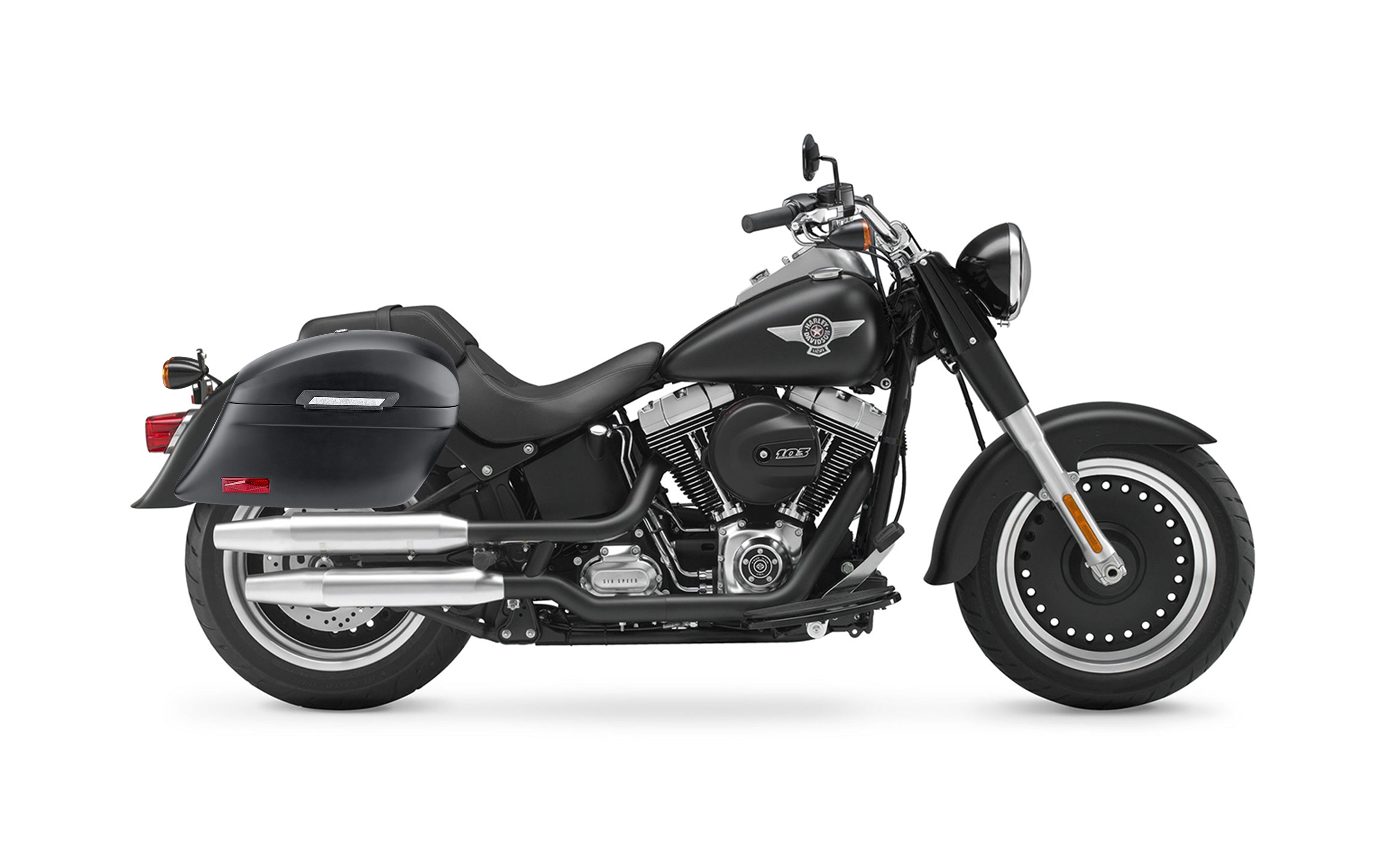 44L - Lamellar Stallion Extra Large Matte Motorcycle Hard Saddlebags for Harley Softail Fat Boy Lo FLSTFB Bag on Bike @expand