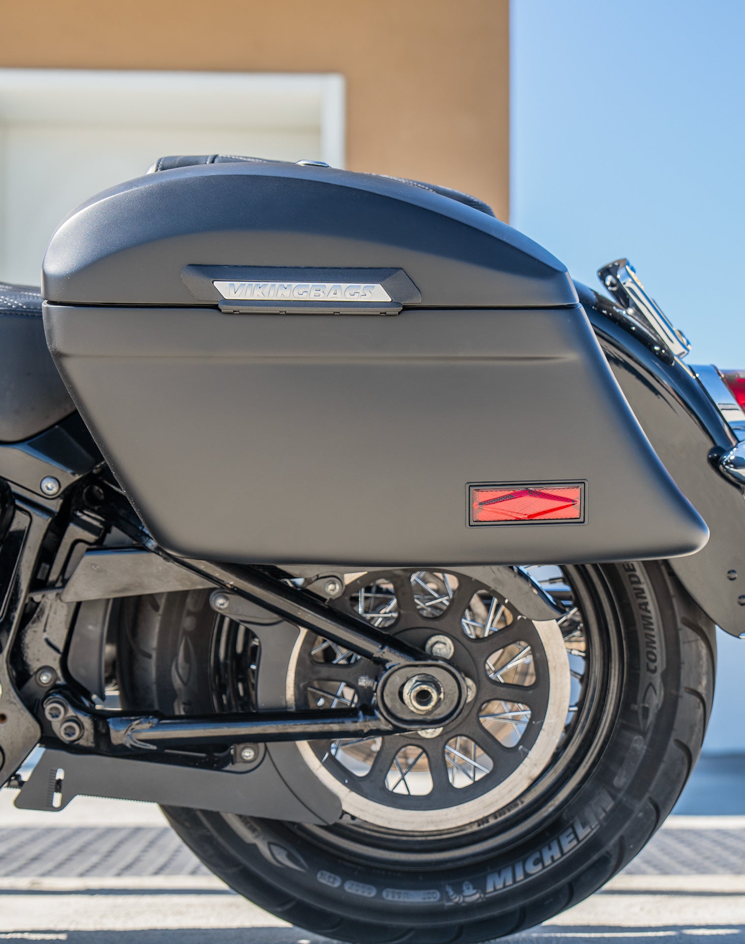 44L - Lamellar Stallion Extra Large Matte Motorcycle Hard Saddlebags for Harley Softail Heritage FLHC/S Lifestyle