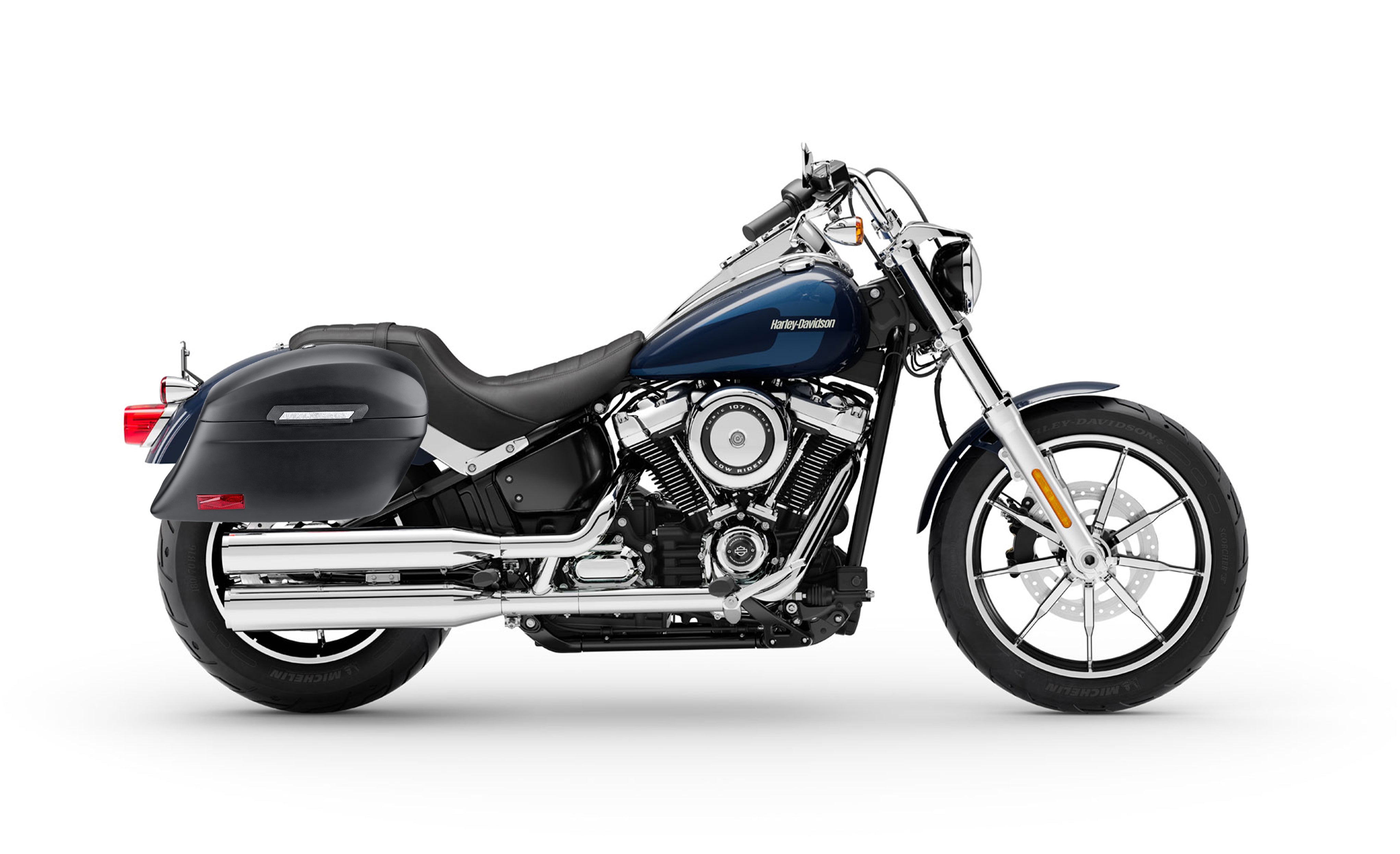 44L - Lamellar Stallion Extra Large Matte Motorcycle Hard Saddlebags for Harley Softail Low Rider FXLR Bag on Bike @expand