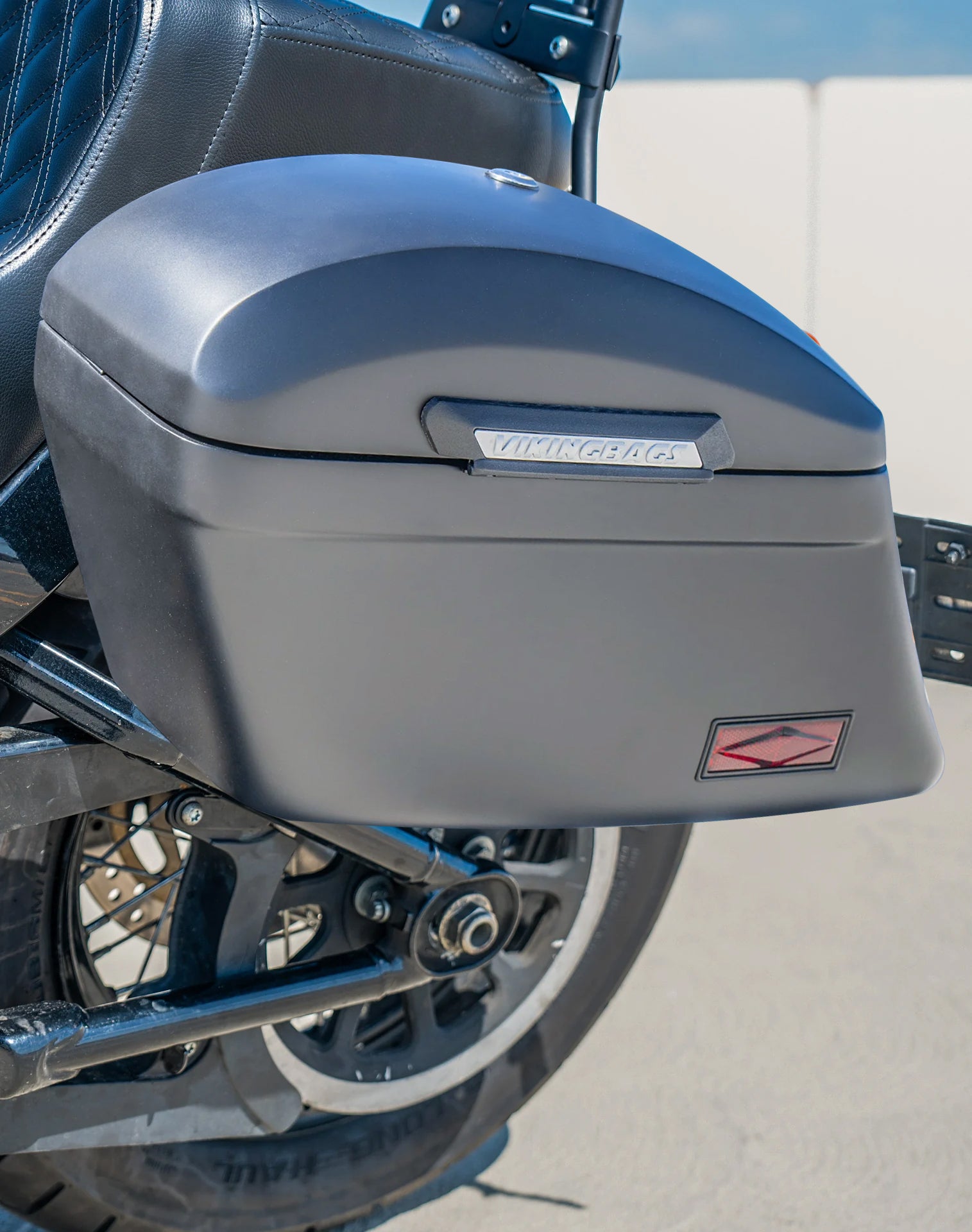 44L - Lamellar Stallion Extra Large Matte Motorcycle Hard Saddlebags for Harley Softail Street Bob FXBB/S Vertical Lifestyle