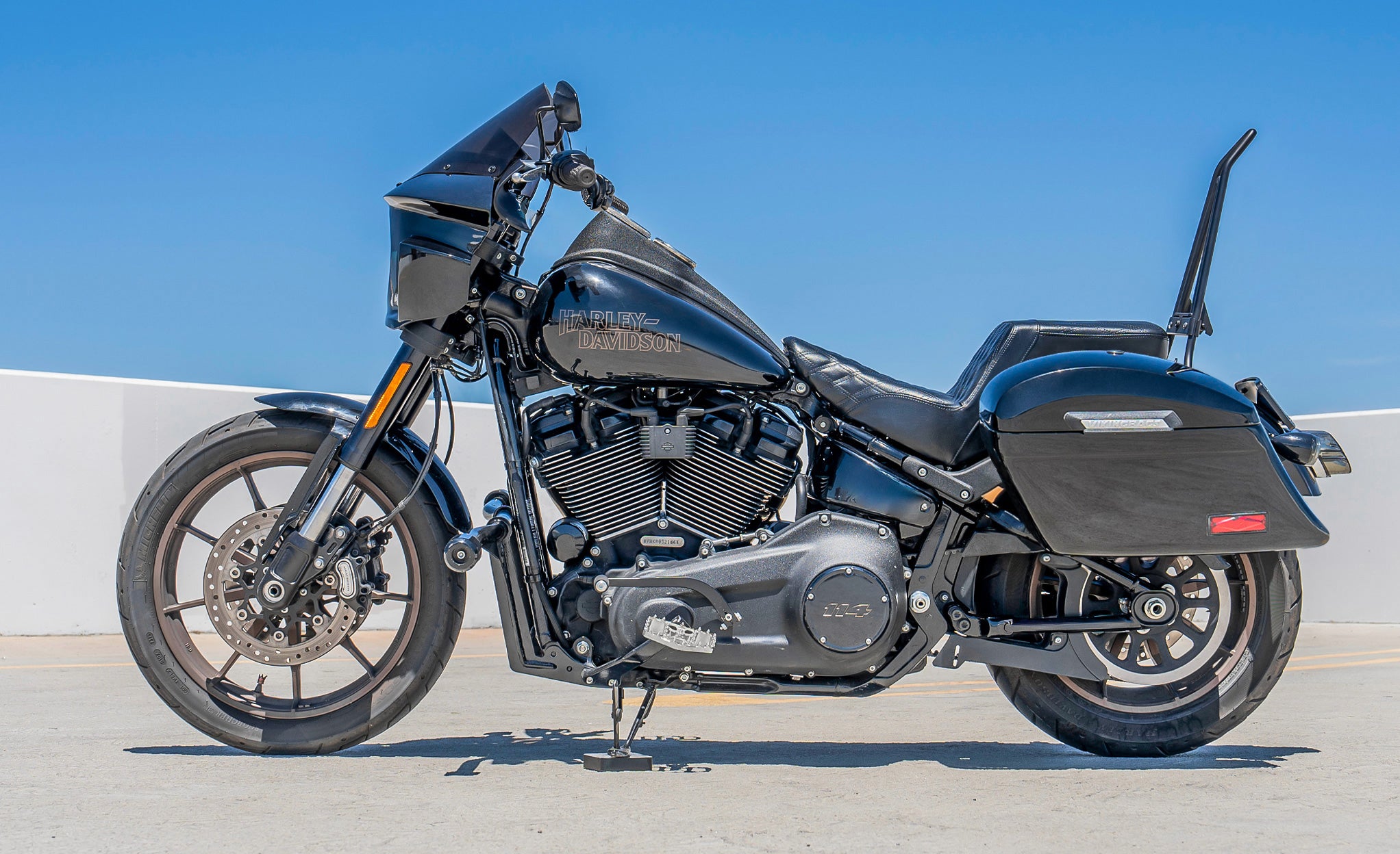 44L - Lamellar Stallion Extra Large Painted Motorcycle Hard Saddlebags for Harley Softail Low Rider S FXLRS Lifestyle @expand