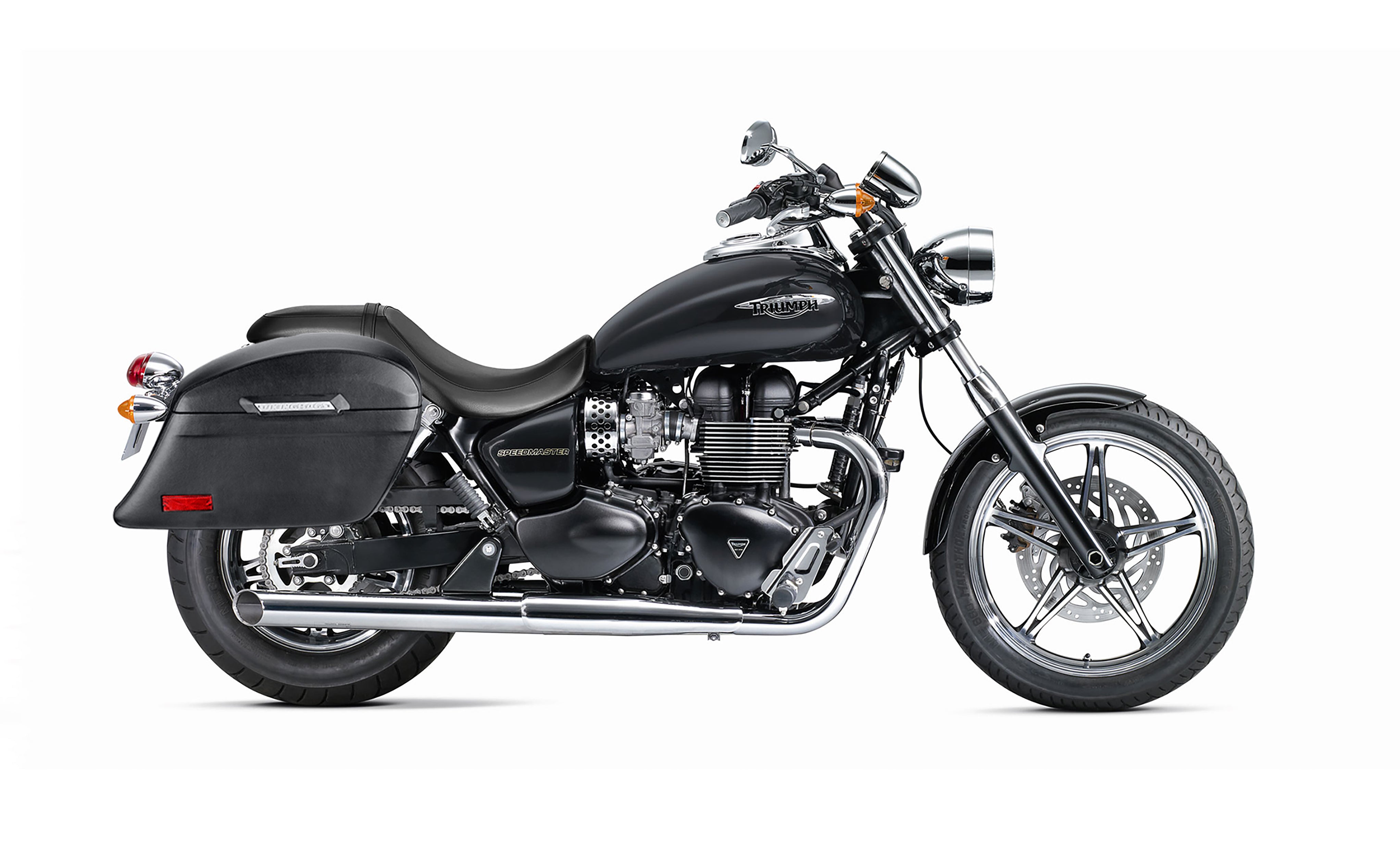 44L - Lamellar Stallion Extra Large Triumph Speedmaster (2003-17) Leather Covered Hard Saddlebags Bag on Bike @expand