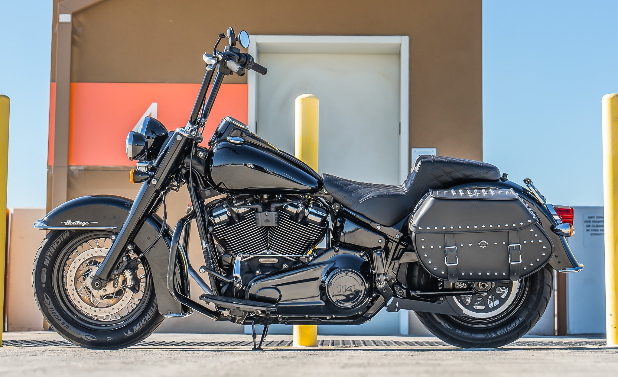 35L - Legacy Extra Large Studded Leather Motorcycle Saddlebags for Harley Softail Heritage FLHC/S Lifestyle @expand