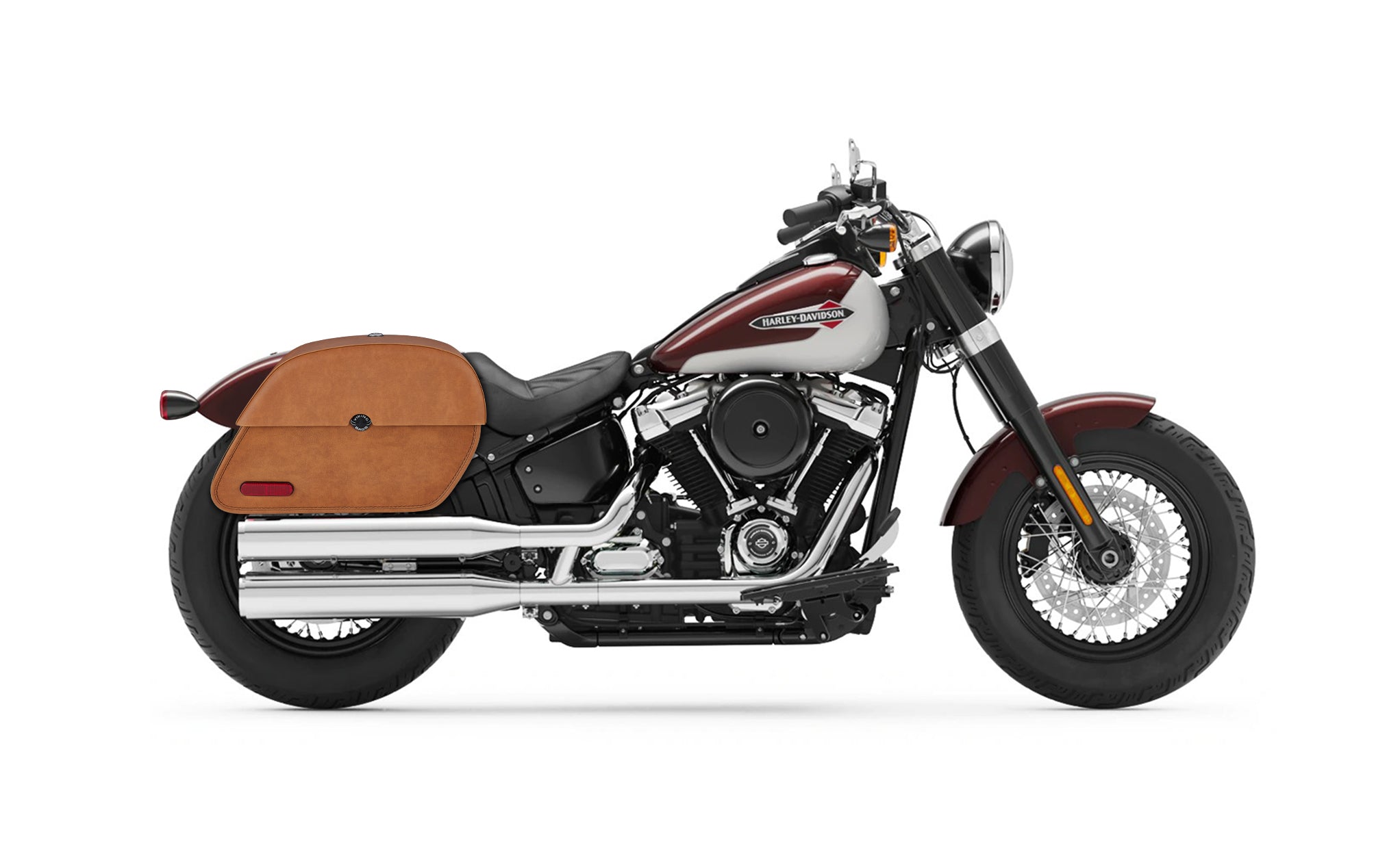 33L - Panzer Brown Large Leather Motorcycle Saddlebags for Harley Softail Slim FLSL on Bike Photo @expand