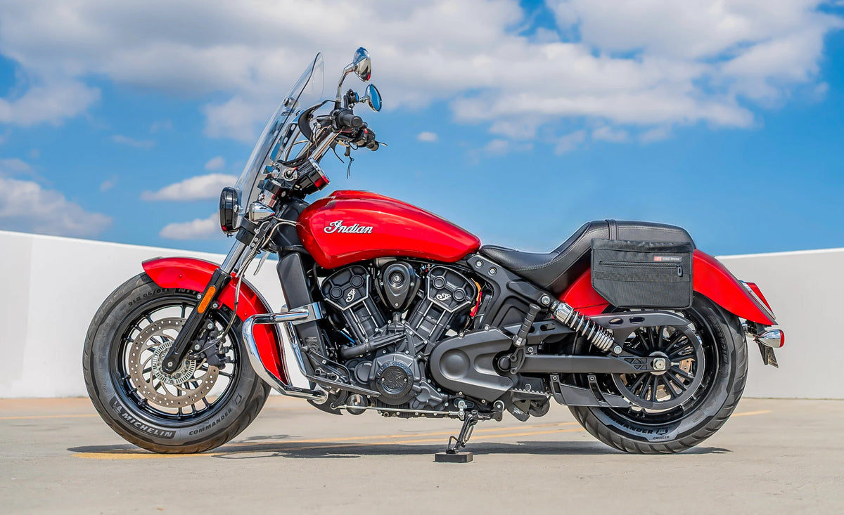 18L - Patriot Medium Indian Scout Classic 2025+ Motorcycle Throw Over Saddlebags Lifestyle @expand