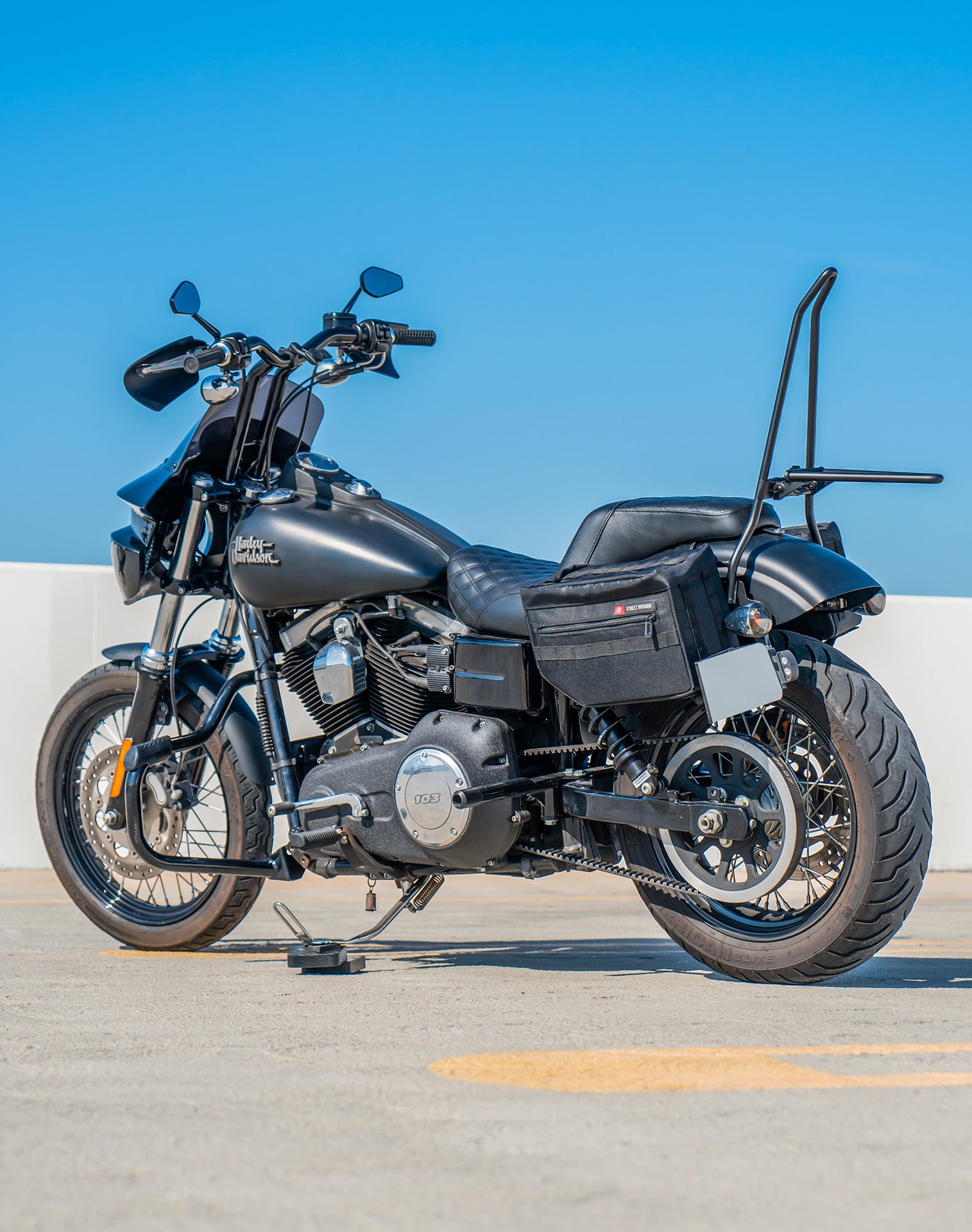 18L - Patriot Medium Motorcycle Throw Over Saddlebags for Harley Dyna Street Bob FXDB Lifestyle