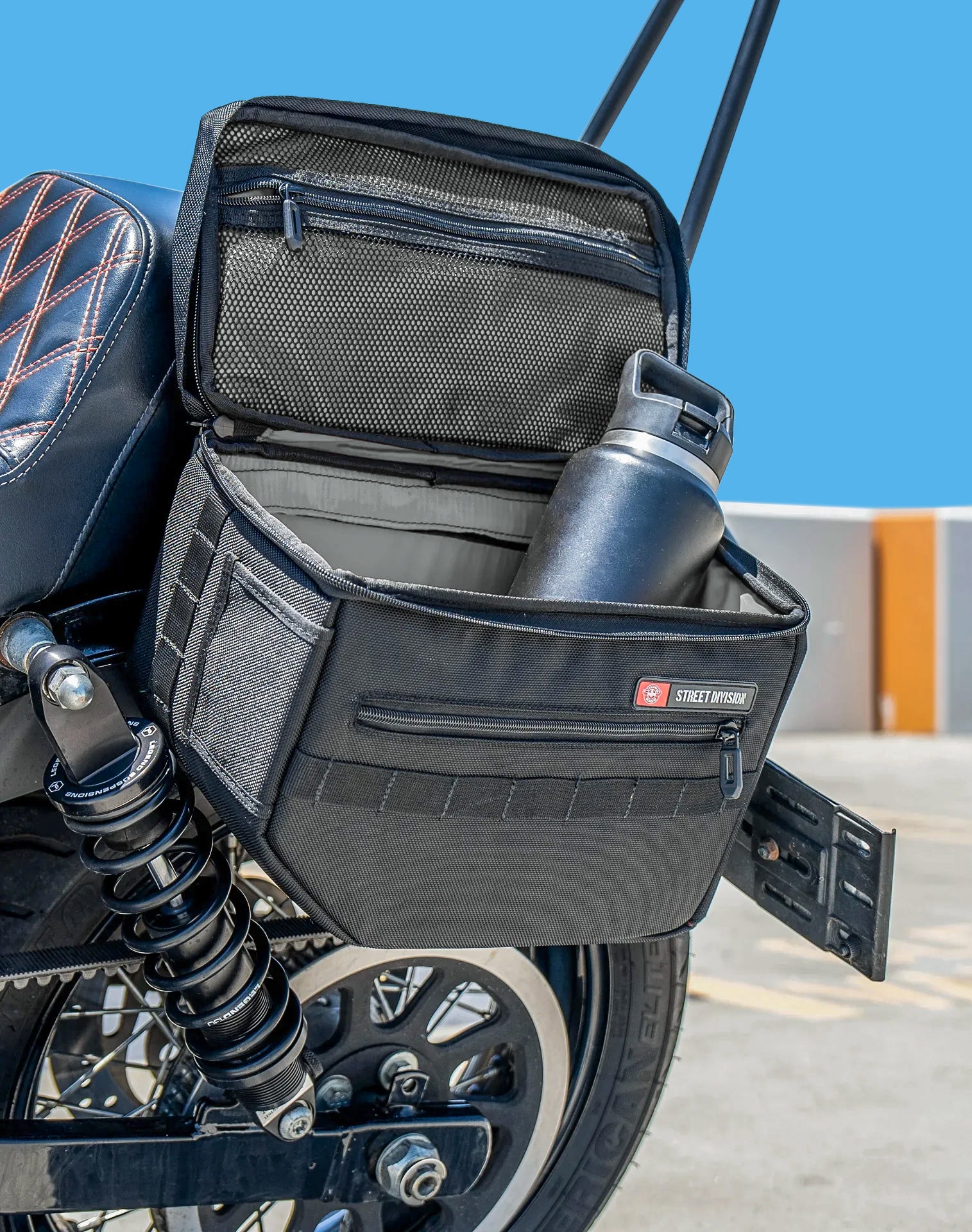 18L - Patriot Medium Motorcycle Throw Over Saddlebags for Harley Dyna Street Bob FXDB Lifestyle