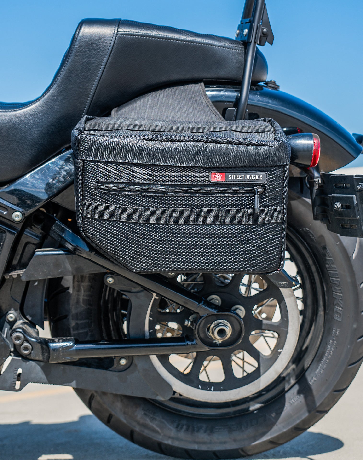 18L - Patriot Medium Motorcycle Throw Over Saddlebags for Harley Softail Street Bob FXBB/S Vertical Lifestyle