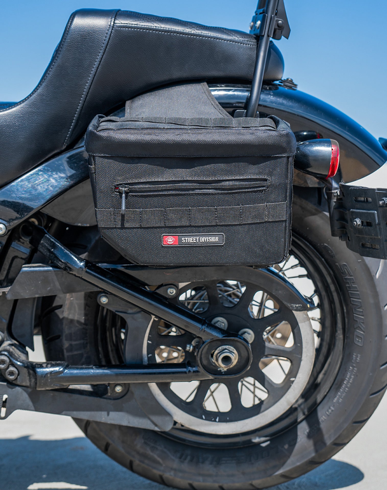 10L - Patriot Small Throw Over Saddlebags for Harley Softail Street Bob FXBB/S Vertical Lifestyle