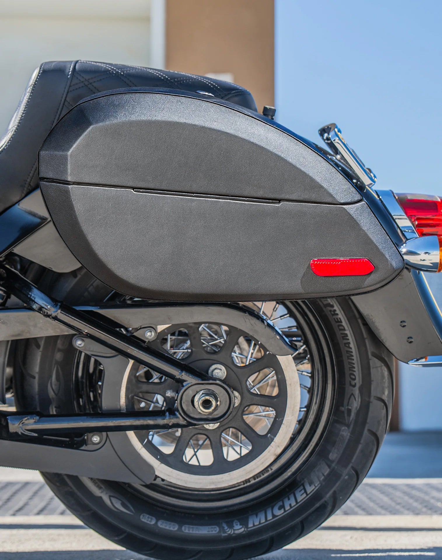 28L - Phantom Large Leather Wrapped Motorcycle Hard Saddlebags For Harley Softail Heritage FLHC/S Lifestyle