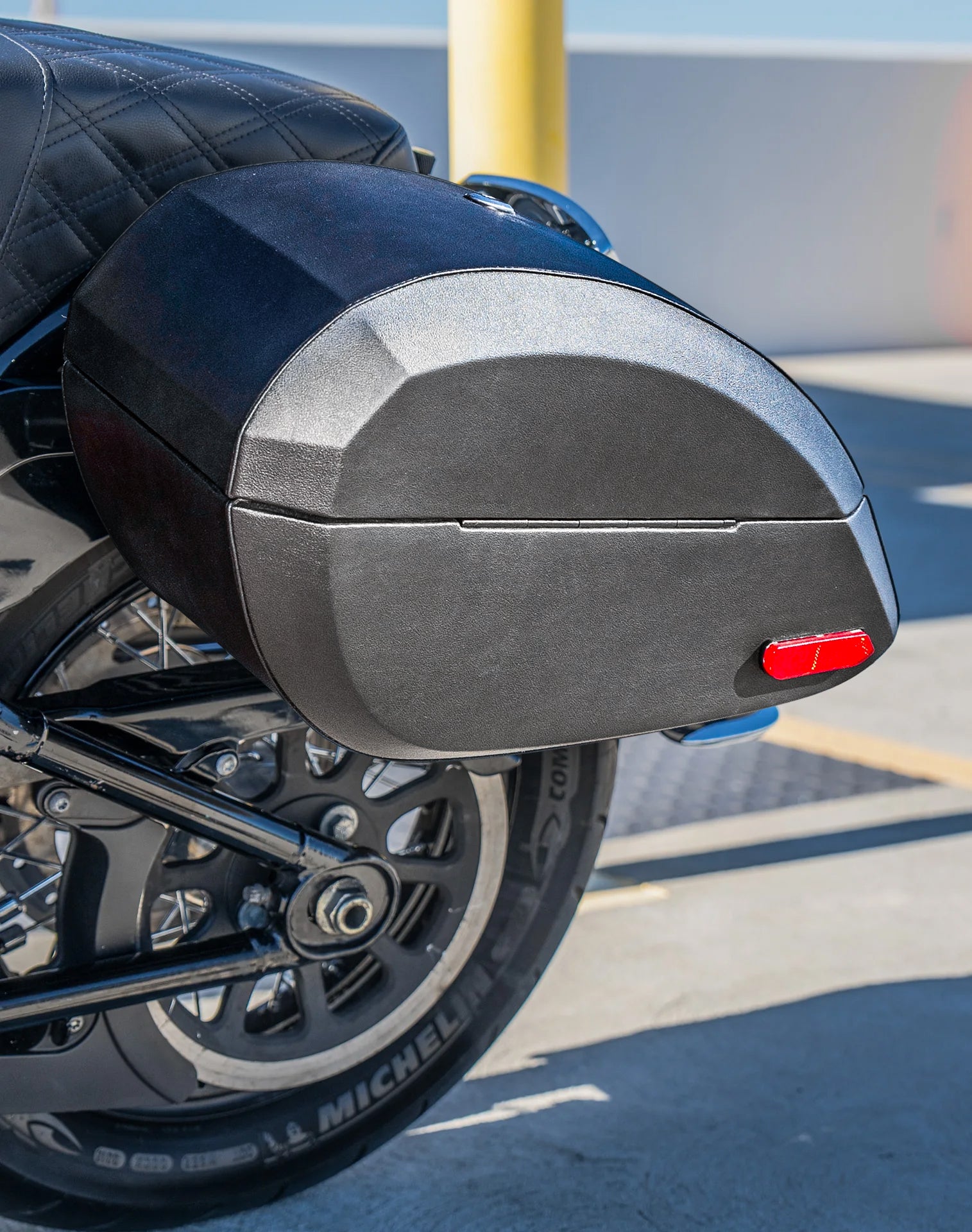 28L - Phantom Large Leather Wrapped Motorcycle Hard Saddlebags For Harley Softail Heritage FLHC/S Lifestyle