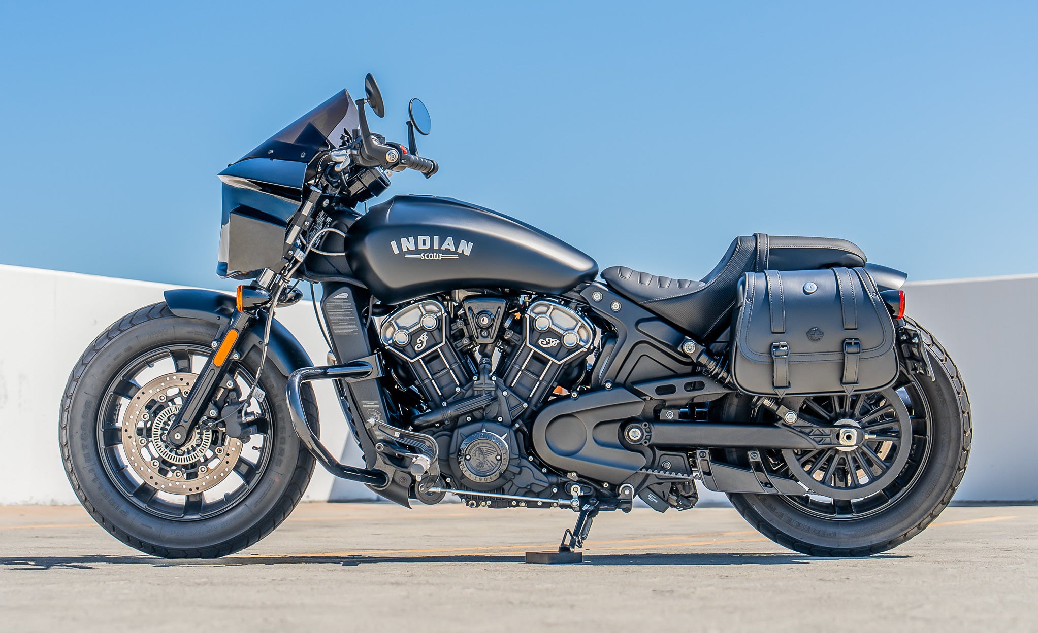 25L - SpiritBlade Large Indian Scout Bobber Leather Motorcycle Saddlebags Lifestyle @expand