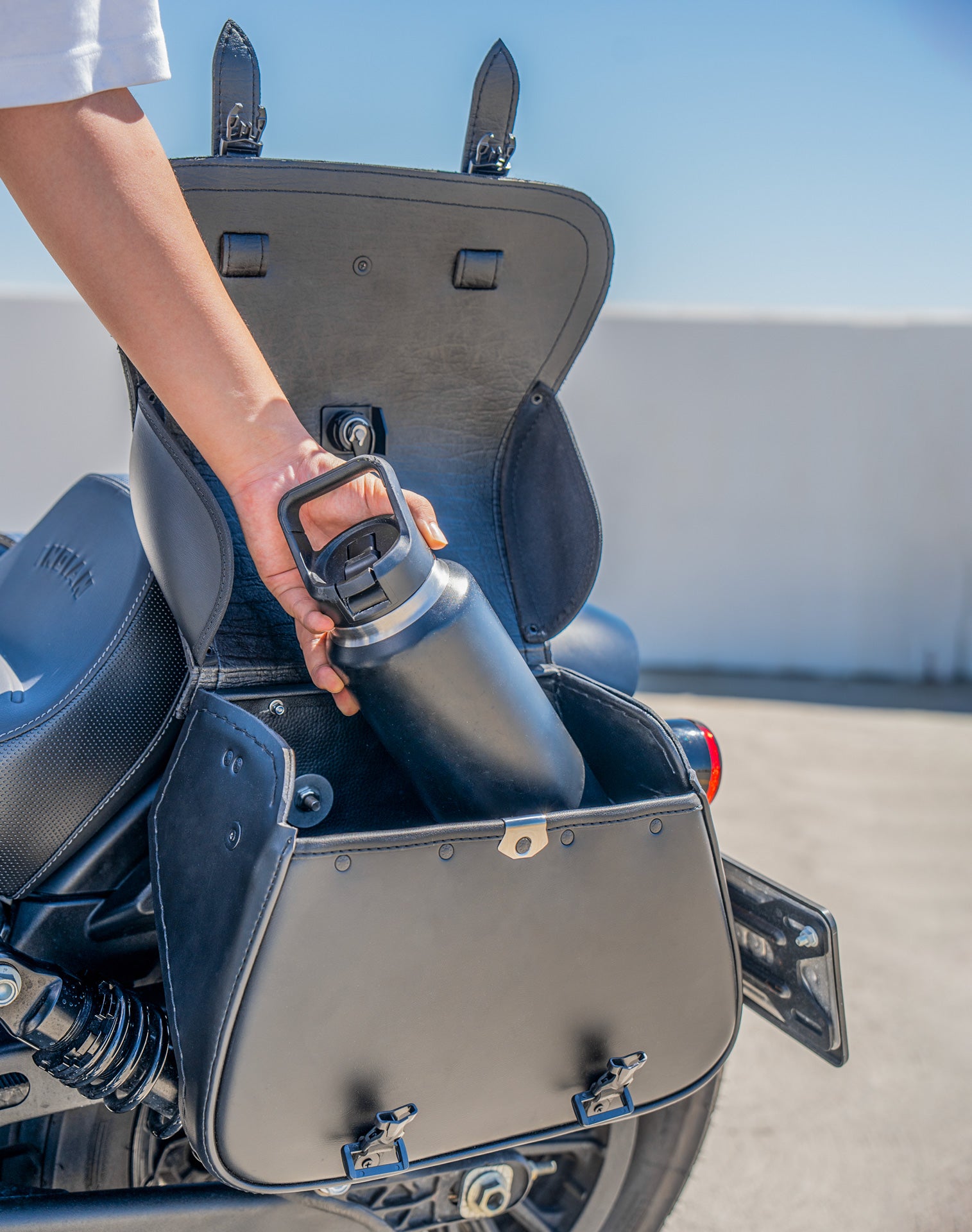 25L - SpiritBlade Large Indian Scout Bobber Sixty Leather Motorcycle Saddlebags Lifestyle