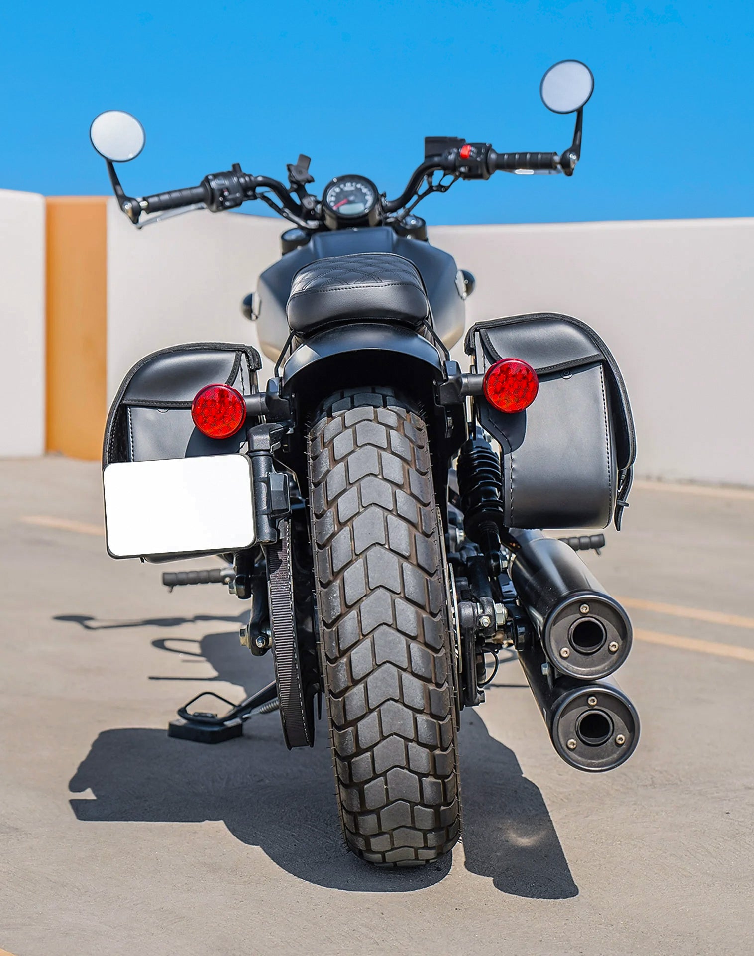 25L - SpiritBlade Medium Indian Scout Rogue Sixty Leather Motorcycle Saddlebags Vertical Lifestyle