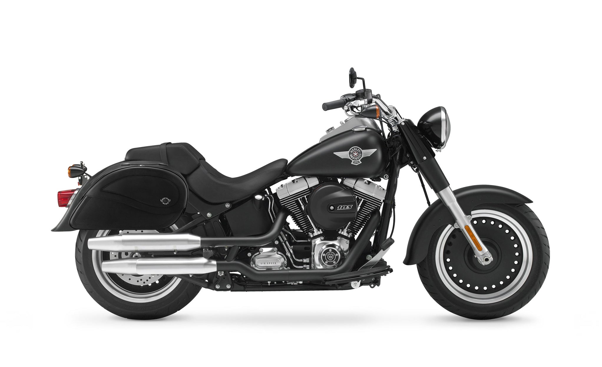 Viking Ultimate Large Leather Motorcycle Saddlebags For Harley Davidson Softail Fat Boy Lo Flstfb on Bike Photo @expand