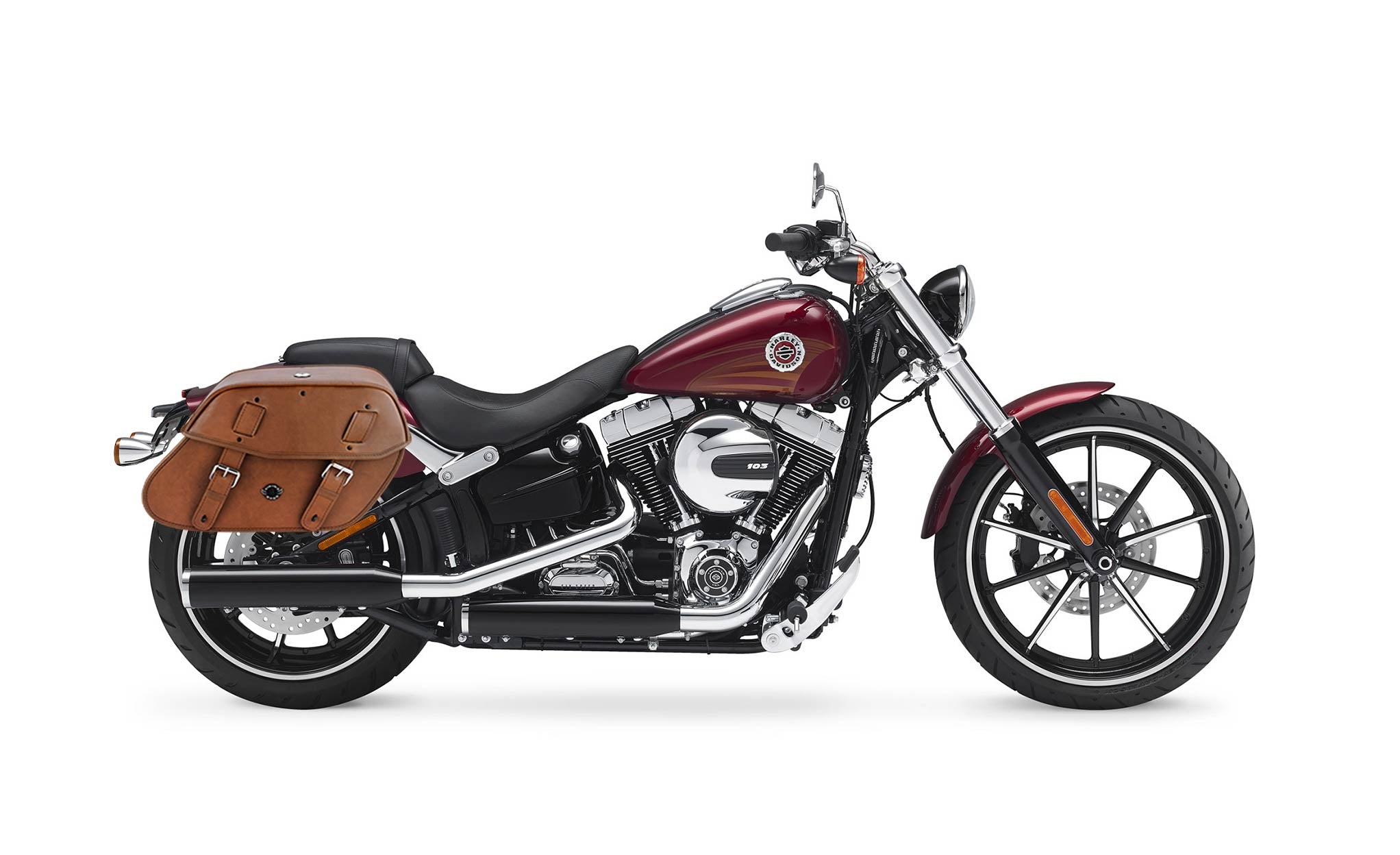 Viking Odin Brown Large Leather Motorcycle Saddlebags For Harley Softail Breakout Fxsb on Bike Photo @expand