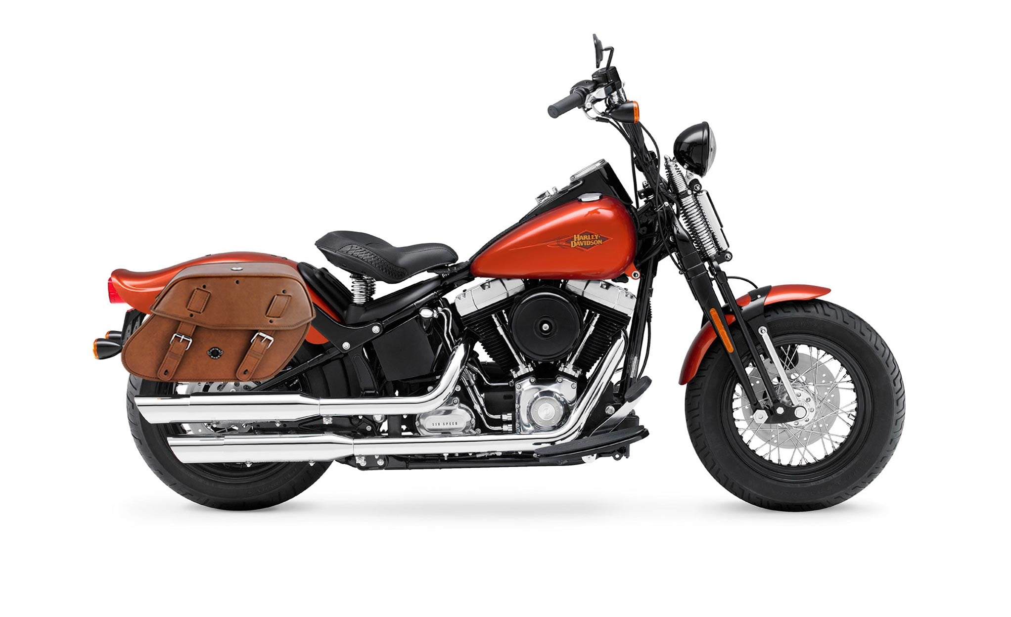 Viking Odin Brown Large Leather Motorcycle Saddlebags For Harley Softail Cross Bones Flstsb on Bike Photo @expand
